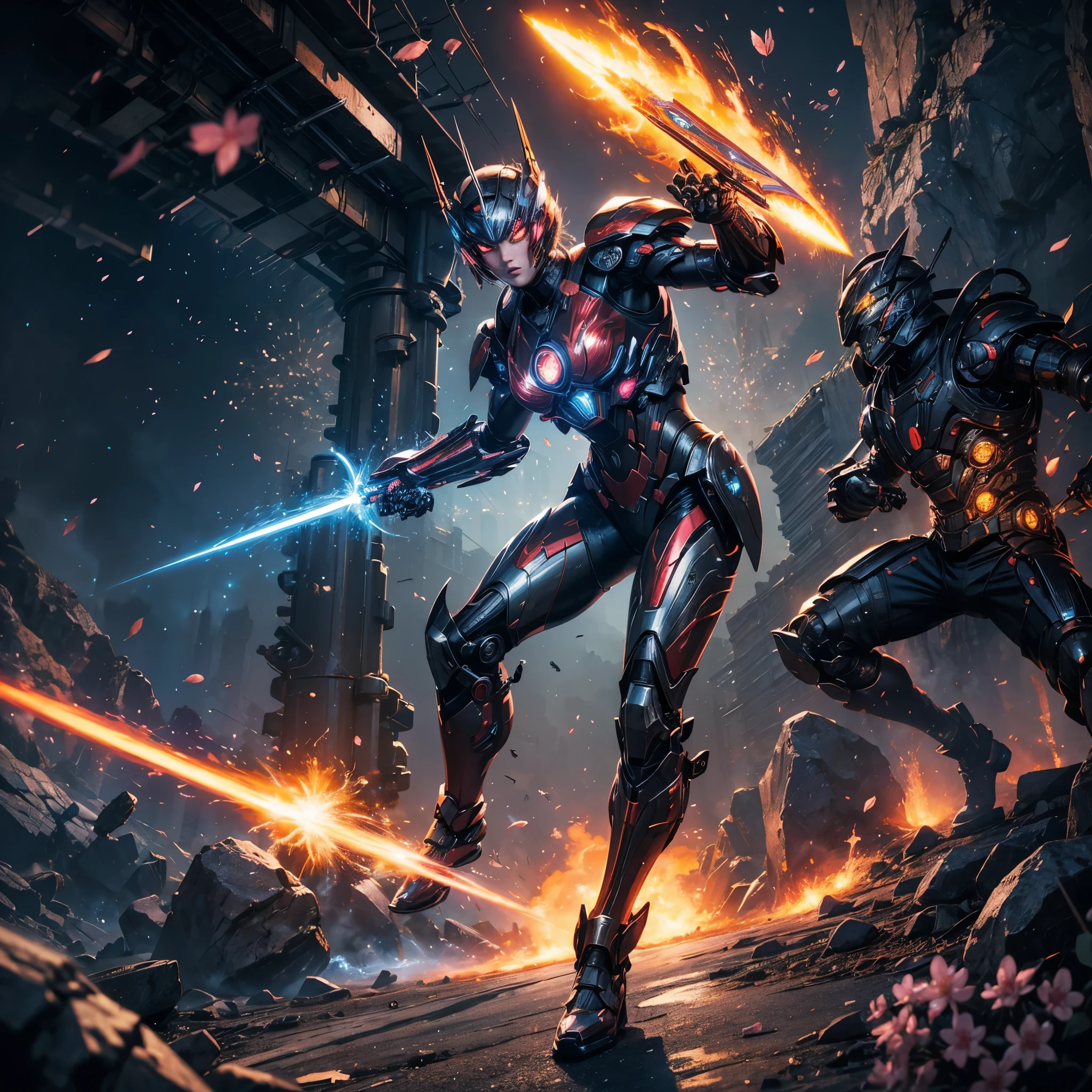 [best quality,4k,8k,highres,masterpiece:1.2],ultra-detailed,realistic,photorealistic:1.37,Transformer Firebell(Sakura Maiden),action pose,flaming sword,Cybertron,sci-fi,concept art,digital painting,dynamic lighting,vibrant colors,powerful,fiery backdrop,sakura petals,warrior,female character,vector illustration,sleek design,energetic stance,sparkling effects,innovative,cybernetic enhancements,explosive action,transforming robotic armor,battle-ready,glowing eyes,technological landscape,mechanical details,high-tech weaponry,lens flares,intense battle atmosphere