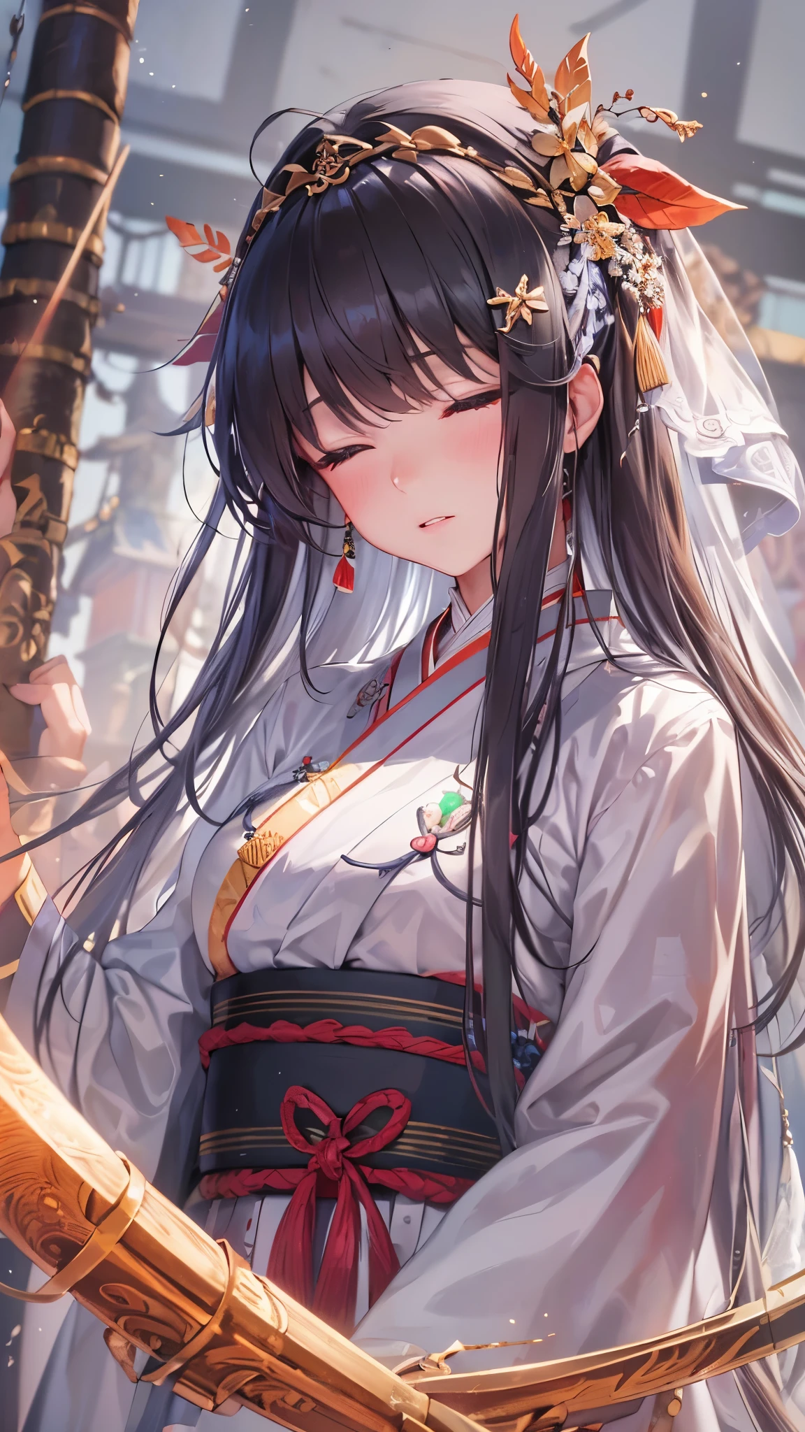 (perfect anatomy, masterpiece:1.2, best quality, 8k, beautiful detailed grow, daydreaming expression, cute-detailed closed eyes, in a shrine maiden costume), break, (hold long bow gripping long bow in hands), (solo:1.2 blunt bangs black hair long hair beautiful girl), serious face, background shrine.