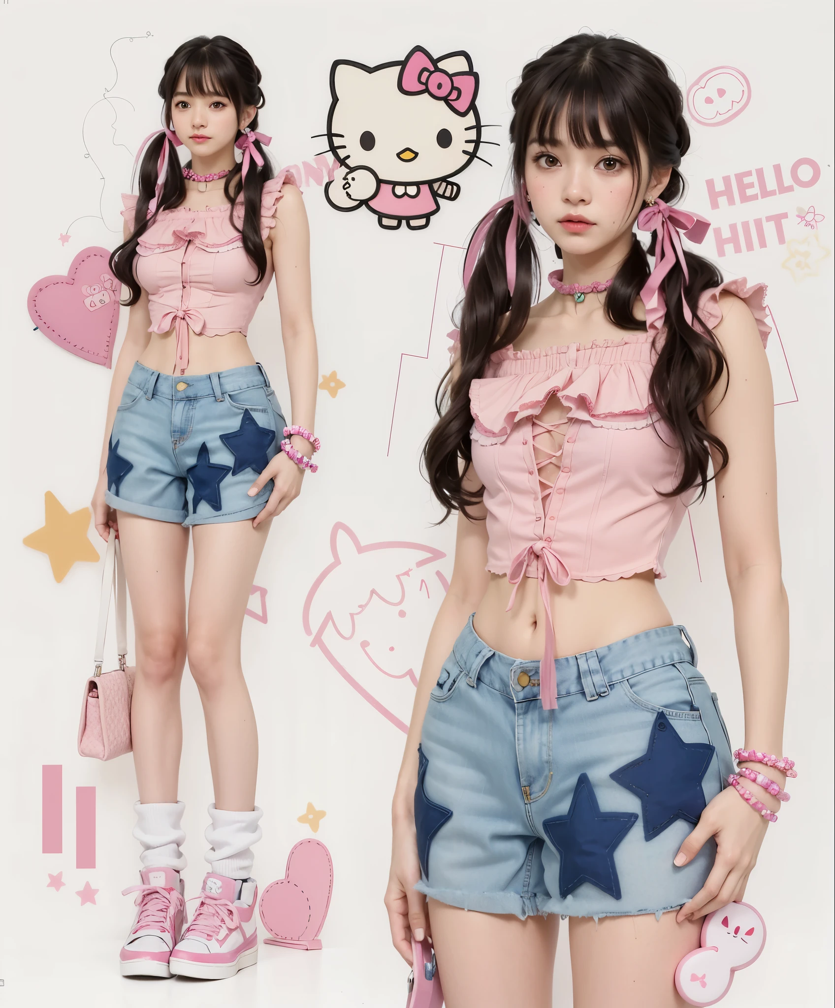 hay una chica con un top rosa y pantalones cortos azules, camisa y jeans kawaii, estilo kawaii, Kawaii Aesthetics, renderizado kawaii hq, cute aesthetic with flutter, katelynn mini lindo estilo, muy muy kawaii, bella delfina, linda chica kawaii, h 576, Hello kitty, pastel gothic aesthetic, , pantalones cortos de mezclilla