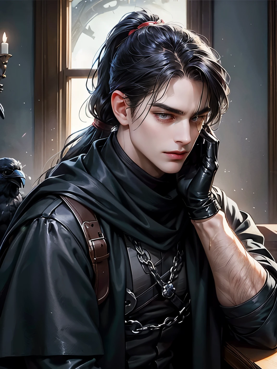 Create a close up stunning image of my handsome character, he has long black hair tied in a ponytail, strands falling over his face, yellow dark sharp eyes, a sharp Chiseled jawline. He is wearing a black scarf and a sleek all black fantasy leather gear with gloves, he's with a raven, gloomy look in his eyes. He is sitted on a windowsill with the raven. The sky is dark. This is a masterpiece, a beautiful work of art, detailed background of a medieval town.