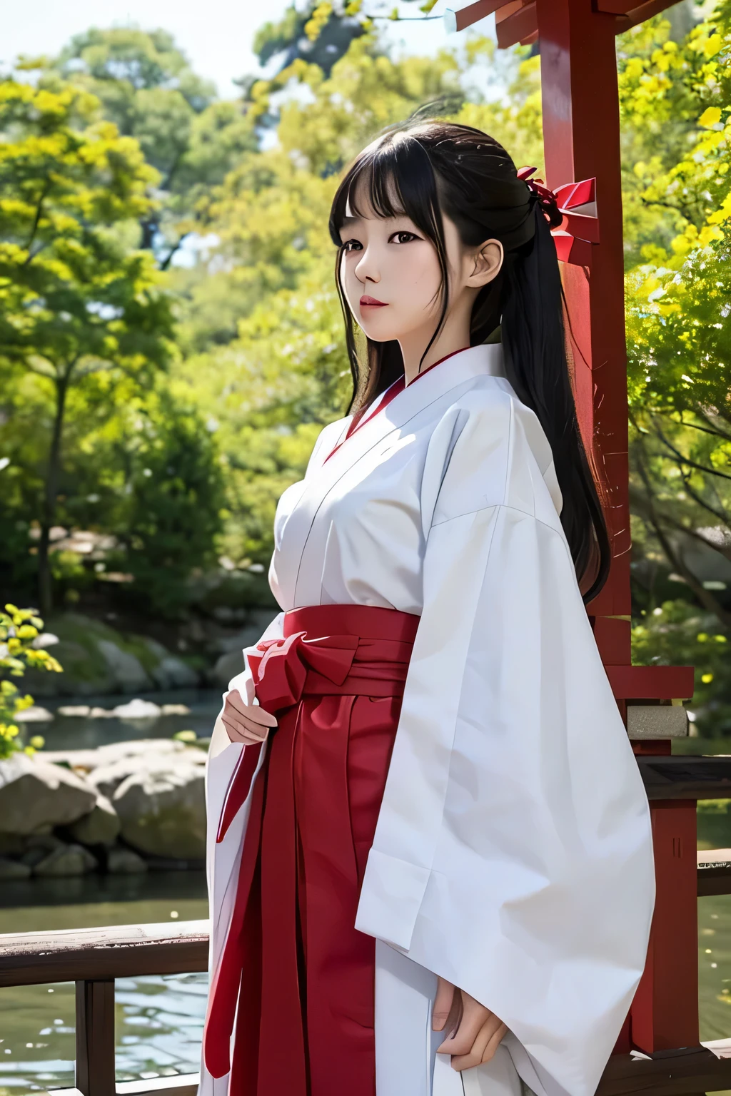 white and red shrine maiden clothes、beautiful shrine maiden、Black Hair Upstyle、((whole body))、(((photo taken from below)))、River bank
