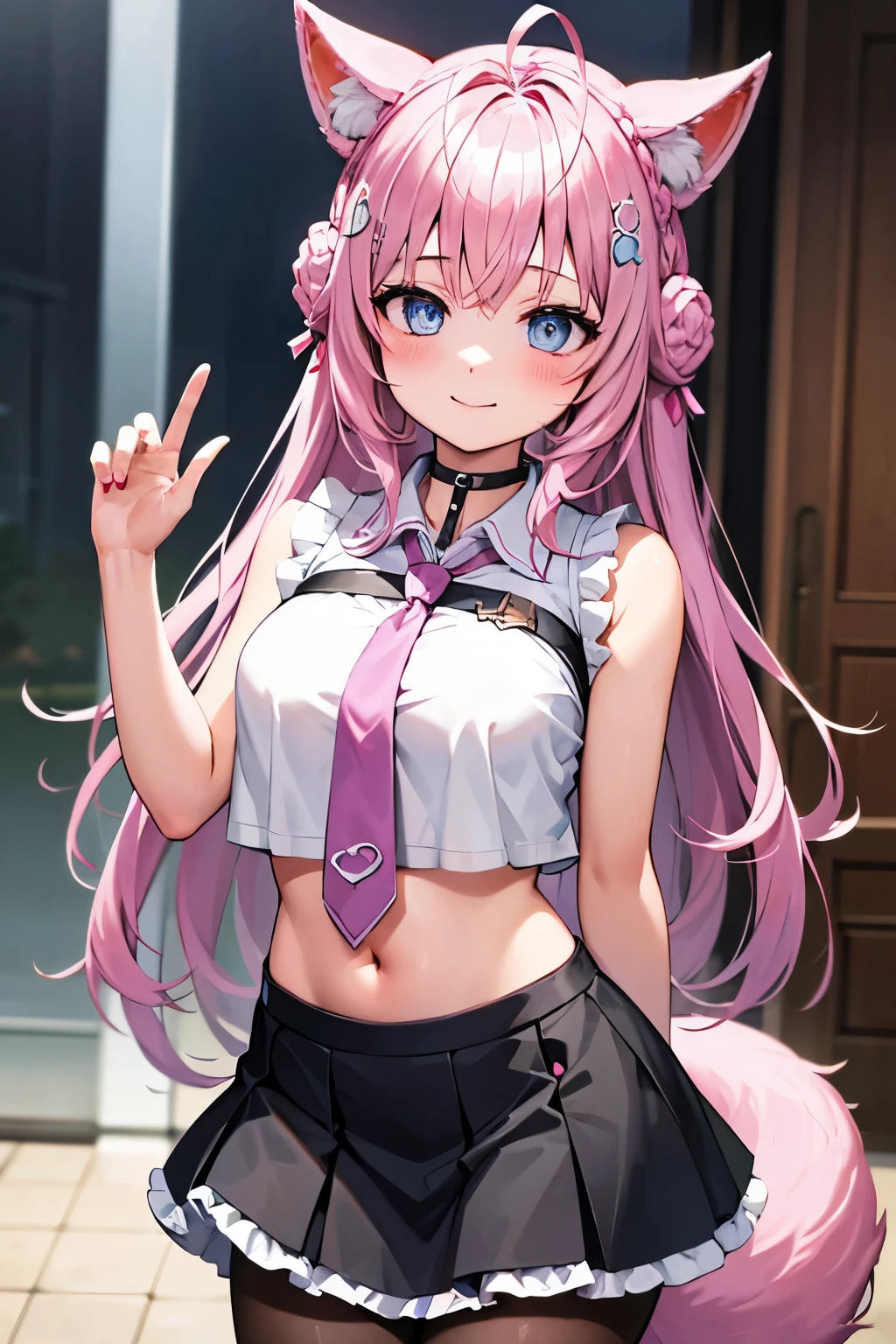 The Masterpiece,best qualiy,Hi-Res,standing a,DEF1,lora:Koyori-000015:1,pink tie,tights,hairornaments,Lilac eyes,One-sided braid,Sorrisos,1girl, animal ear fluff, animal ears, arm behind back, bangs, black choker, black skirt, blue eyes, blush, braid, braided bun, breasts, brown pantyhose, choker, closed mouth, cowboy shot, (pose), crown braid, double bun, frilled skirt, frills, hair bun, hair ornament, hakui koyori, indoors, long hair, medium breasts, midriff, miniskirt, navel, necktie, pantyhose, pink hair, pink necktie, shirt, skirt, sleeveless, sleeveless shirt, smile, solo, standing, tail, hite shirt, wolf ears, wolf tail, masterpiece,highres,best quality, masterpiece, best quality, ultra-detailed