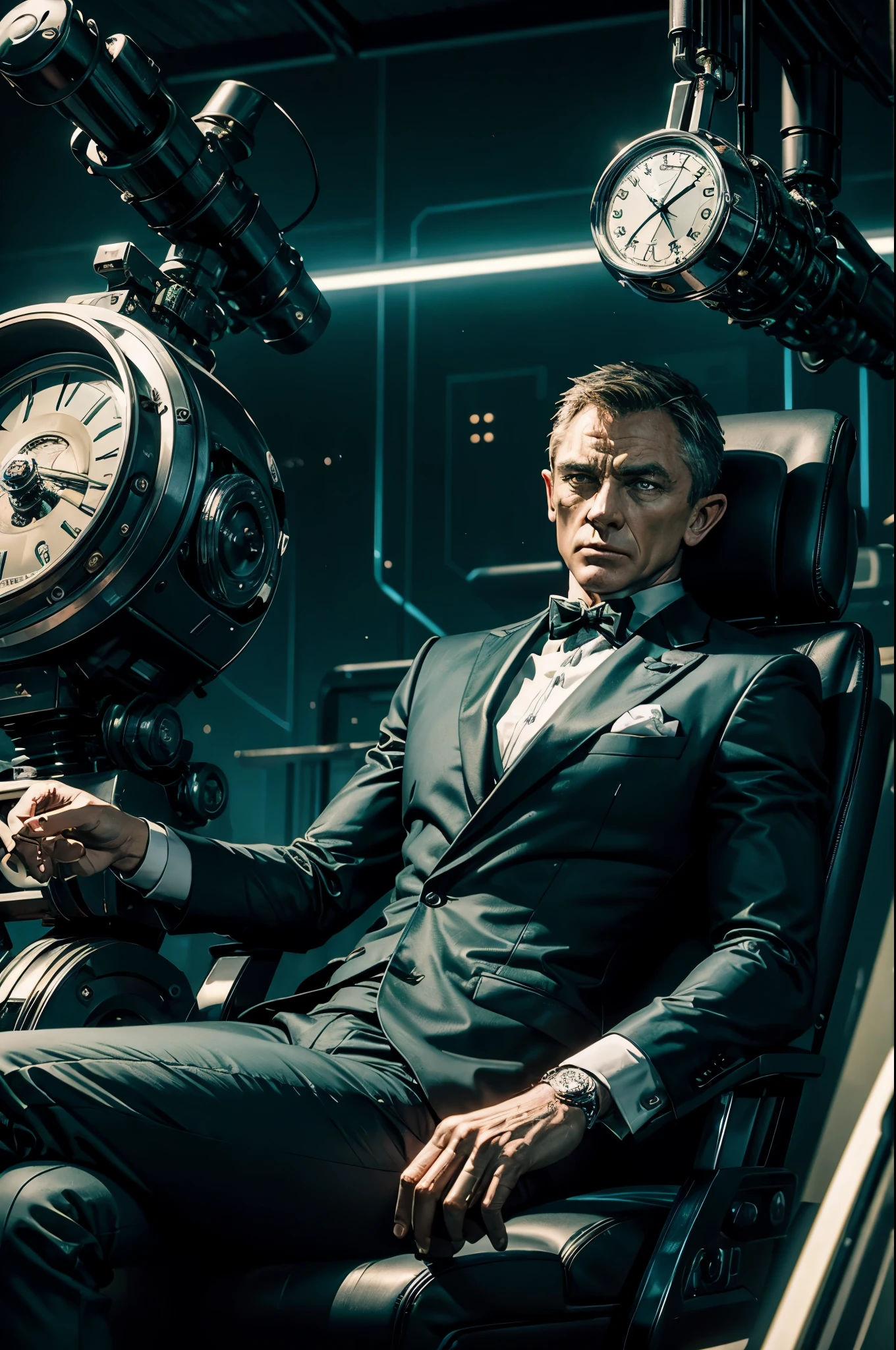 James Bond is actually a clock work robots with mechanical joints and seams, a little green alien sits in Bond's open skull operating the levers and dials to control Bond. Set in a fancy ball room