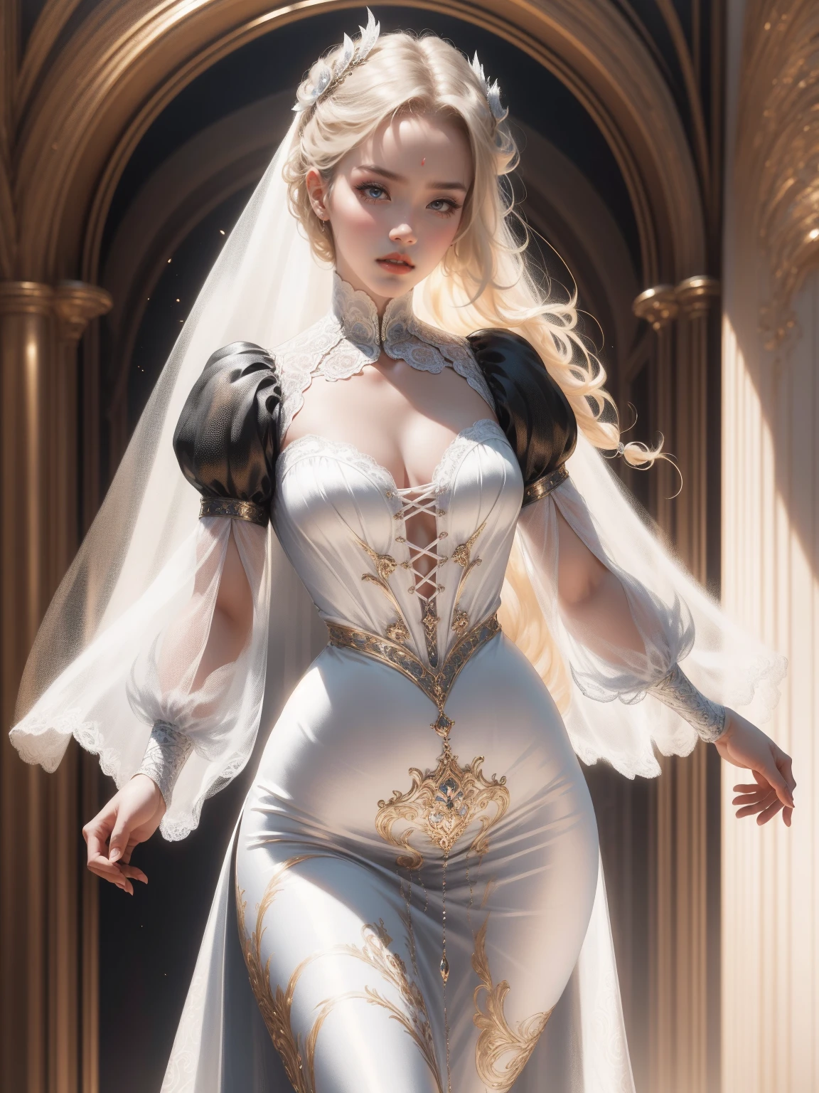 { - anatomy error}(Masterpiece - Ultra-detailed, very high resolution) Prepare to be enchanted by a true masterpiece that combines ultra-detailed art with high-resolution rendering. This work depicts a mesmerizing woman with very long blond hair (1.3) and captivating gray eyes (1.2), emanating an aura of elegance and mystery in Victorian settings. The intricate details and realistic textures invite you to explore every aspect of this enchanting composition. Woman wearing beautiful classic Victorian costume from the year 1878. Red lips. Happy face. Smiling. white (white) dress. Walking, backwads, looking back, dynamic poses. Get ready to dive into a world where beauty and craftsmanship merge perfectly.