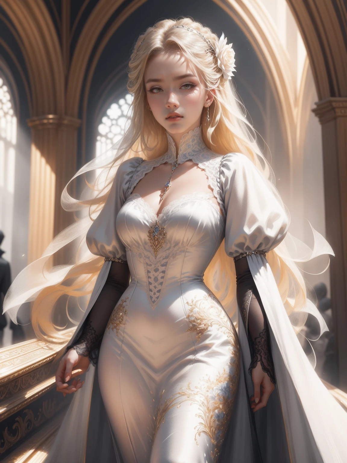 { - anatomy error}(Masterpiece - Ultra-detailed, very high resolution) Prepare to be enchanted by a true masterpiece that combines ultra-detailed art with high-resolution rendering. This work depicts a mesmerizing woman with very long blond hair (1.3) and captivating gray eyes (1.2), emanating an aura of elegance and mystery in Victorian settings. The intricate details and realistic textures invite you to explore every aspect of this enchanting composition. Woman wearing beautiful classic Victorian costume from the year 1878. Red lips. Happy face. Smiling. white (white) dress. Walking, backwads, looking back, dynamic poses. Get ready to dive into a world where beauty and craftsmanship merge perfectly.