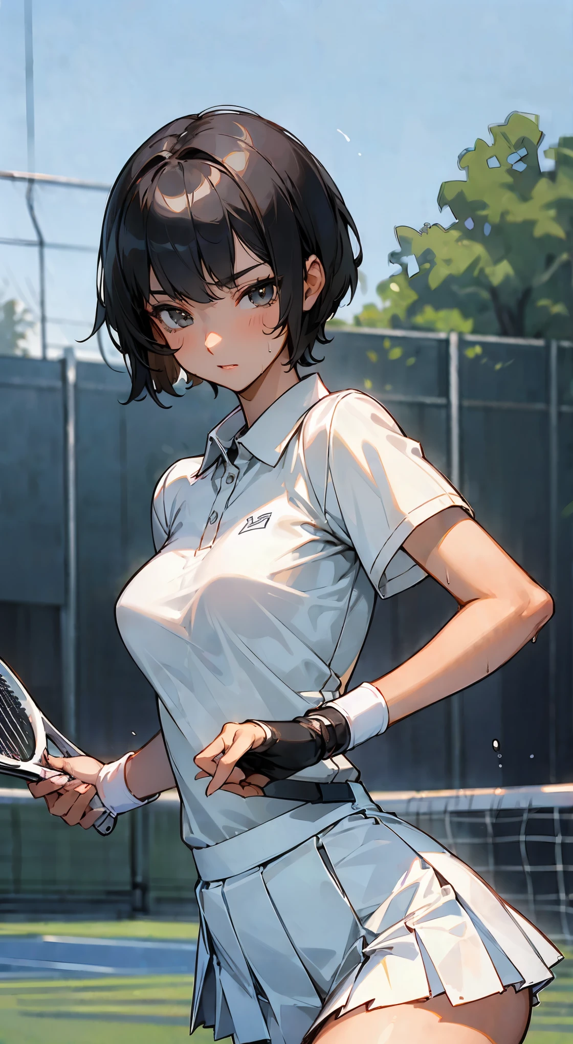 ((Masterpiece)), ((Best Quality)),Ultra High Resolution, Caustics, Detailed, ((Beautiful Detailed Eyes)),Perfect ???????,20 year old beauty、Japanese、black hair,short cut hair,black eyes,slender body,ideal ratio body proportions,medium breasts,tan skin,gleaming skin,oily skin,shiny skin,sweat:1.3,heavy breathing、steam,((LATEX、tennis uniform、white polo shirt、White pleated mini skirt)),outdoors、Tennis court、
