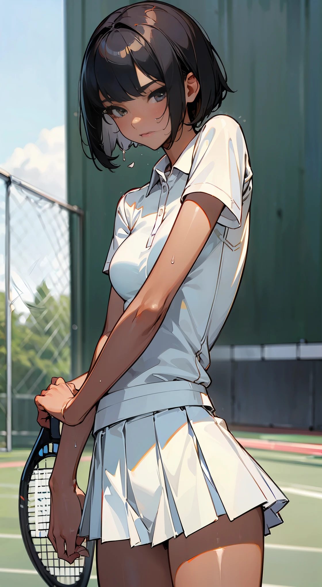 ((Masterpiece)), ((Best Quality)),Ultra High Resolution, Caustics, Detailed, Beautiful Detailed FACE,Perfect Anatomy,nsfw,cowboy shot,solo20 year old beauty、日Book人、black hair,short bob hair,black eyes,slender body,ideal ratio body proportions,medium breasts,tan skin,gleaming skin,oily skin,shiny skin,(sweat:1.3,kneeling),painful expression、heavy breathing、steam,,(tennis uniform、white polo shirt、White pleated mini skirt、perfect white panties,Clothes that are see-through with sweat),Tennis Racket１Book、Correctly drawn tennis racket、outdoors、Tennis court、