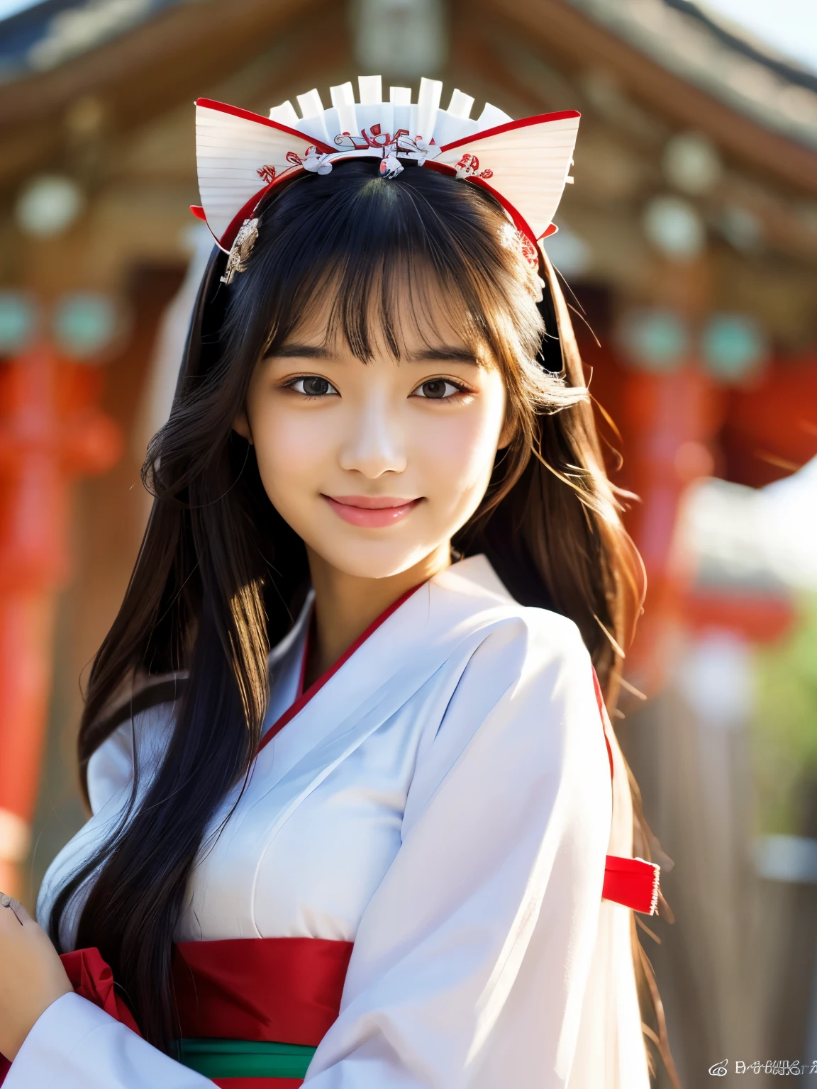 (surreal), (picture), (High resolution), (In 8K), (highly detailed), (Best Illustration), (detailed and beautiful eyes), (beautiful and detailed face), (highest quality), (super detailed), (masterpiece), (wallpaper), (highly detailed face), (black long hair), (1 girl), (detailed eye, thin cheeks, shiny skin, glossy lips, shine light on the face), (Are standing:1.0), (big breasts), (thin thighs), (slim waist), (smile), (shrine maiden clothes), (shrine)