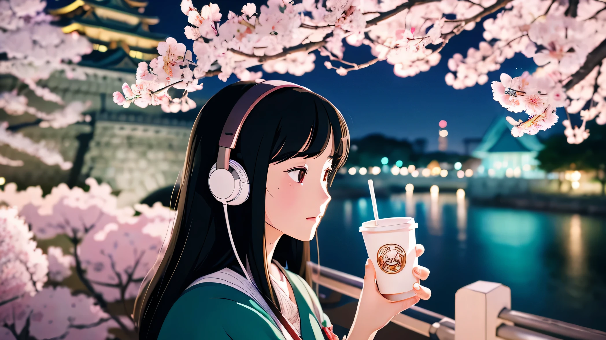 Uses 4K illustrations influenced by Studio Ghibli and Hayao Miyazaki、A girl wearing headphones and drinking coffee as she walks while admiring the illuminated Osaka Castle and the cherry blossoms at night under the full moon..