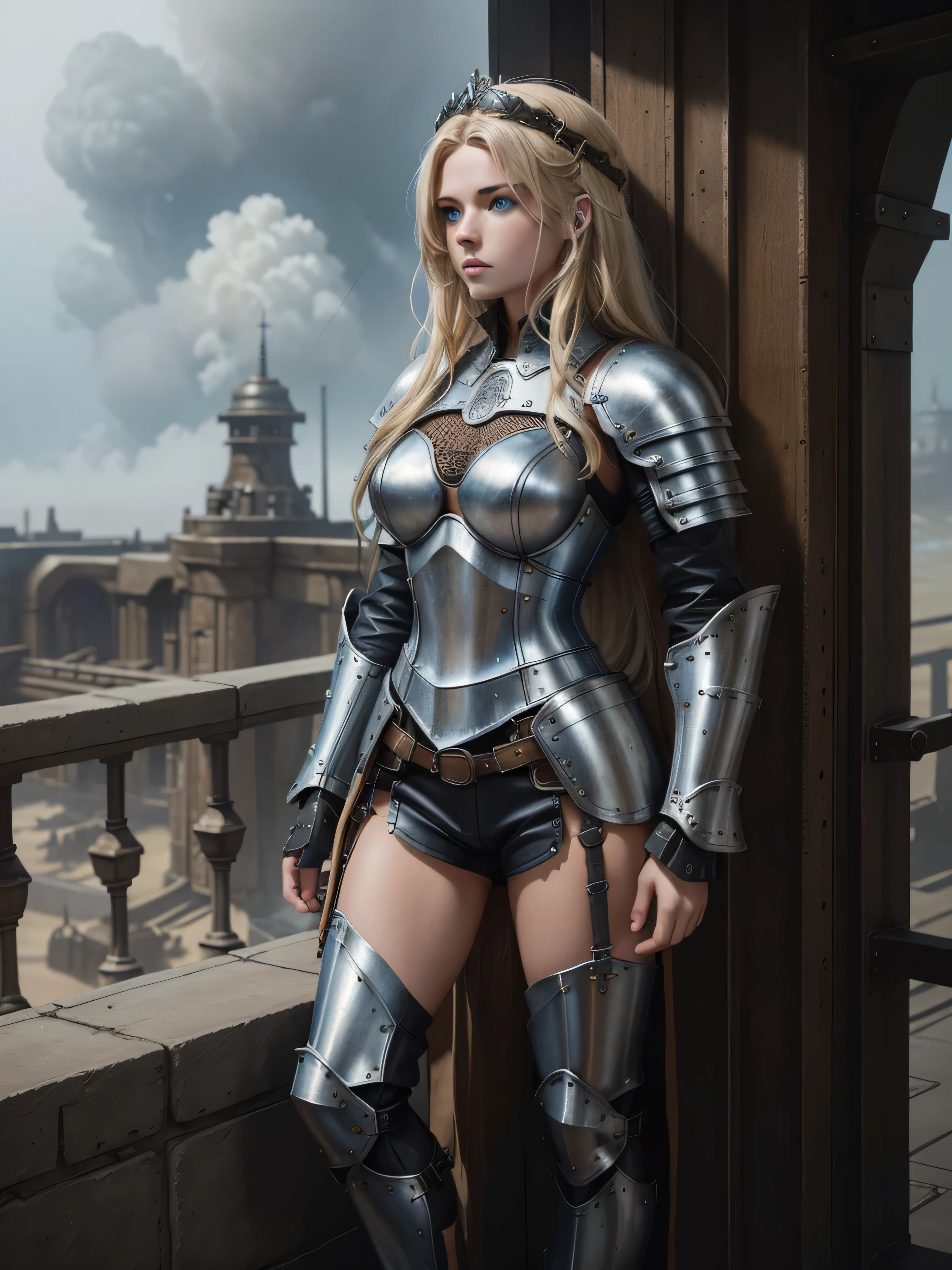 Full body fantasy image of a 15th - century girl in dieselpunk knight armor, with blonde long hair, blue eyes, and white ultra - detailed leather texture. Gears, pipes, cables, and very intricate small details in faded brownish colors. Photorealistic, cinematic, with fog, smoke, and haze Expansive landscapes