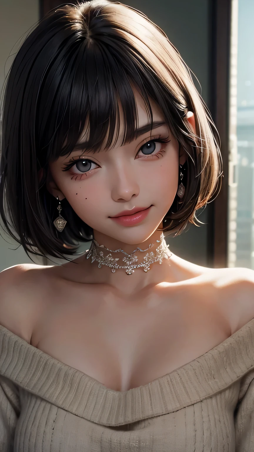 Top Quality, Masterpiece, Ultra High Resolution, Photorealistic, 1 Girl, Off Shoulder, Knit, Smile, Smile, Slightly Visible, oversized_sweater, Soft Lighting, Detailed Skin, Bangs, Black Hair, Clear Eyes, Short Bob Hair, Transparency, Japan, Korean, Beautiful Woman, Upper Eyes, Lip Gloss, Black Thick Choker, Teardrops, Mole on the Chest, Highlights in the eyes