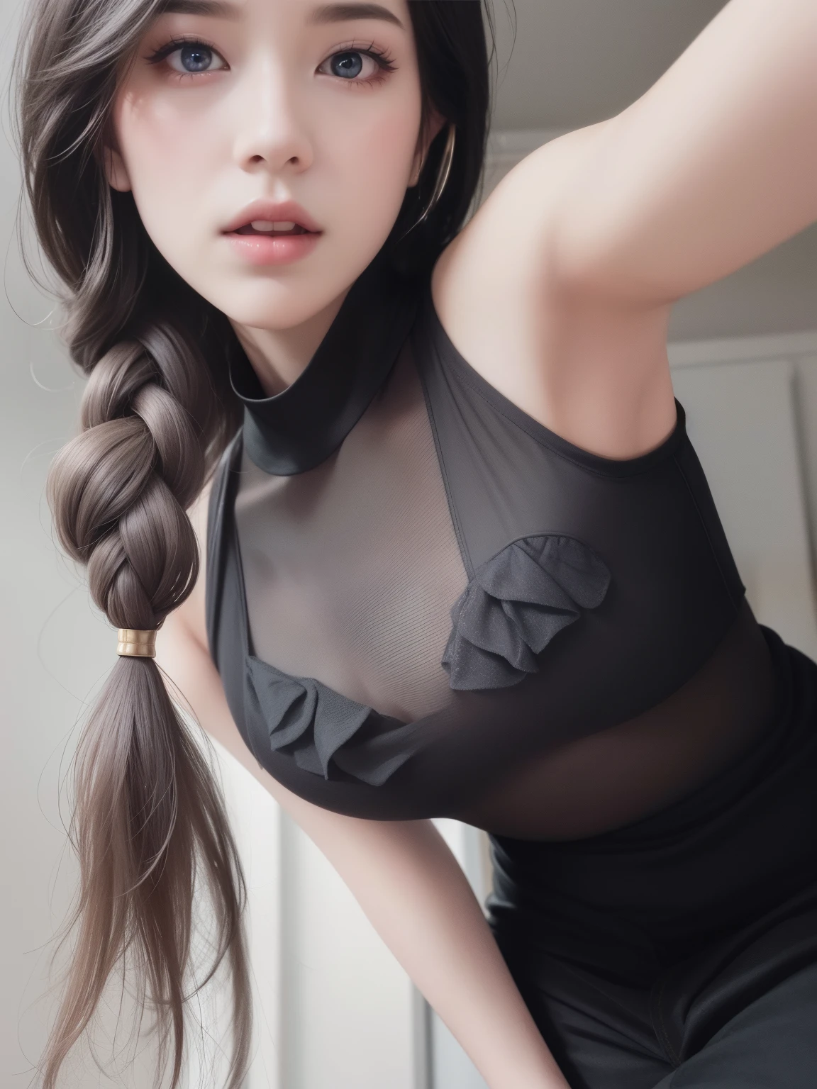 Beautiful big breastokeh), indoors, detailed luxury living room, gentle and charming beautiful goddess, Korean(kpop-idol), solo, necklace, oval face, double eyelids, smart, good hands, good feet, Natural, (from below angle), (glossy skin:1.05), ((low angle)), Perfect figure, (64k, UHD, RAW photo, best quality, masterpiece:1.4), (realistic, photo-realistic:1.37), ultra high res, photon mapping, radiosity, physically-based rendering, professional soft lighting, blue eyes, purpel hair