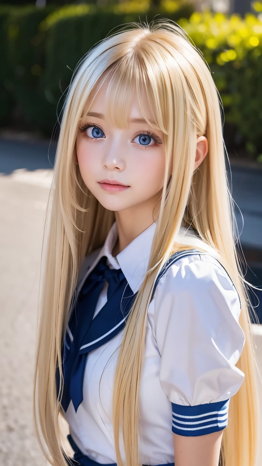 Very beautiful Nordic girl with super long shining bright blonde hair、Very beautiful bright light blue big eyes、very big eyes、portrait、long bangs between the eyes,、school uniform、shy and bright look、ponytail、young, shiny, white, 艶やかなwhiteい美肌、Beautiful Eye Face、Shining cheek highlights、small face beauty、the best beauty、The mysterious reflected light of a dazzling blonde、bright blonde hair with dazzling highlights、Very beautiful shiny bright blonde hair、Super long straight hair、Beautiful shiny bangs that catch your eye、eyeliner、very beautiful lovely cute girl、rich bust