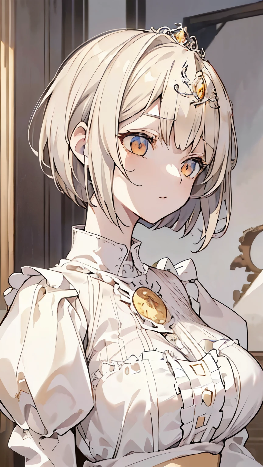 ((Beautiful Beautiful Girl)),light pink big eyes, 1 and slender woman, degree々big breasts, ((light beige hair)),((Loose fluffy short bob hair,)),In 8K, top quality, (highly detailed head: 1.0), (very detailed face: 1.0), (highly detailed hair: 1.0),((obscene princess)),(Concept Victorian Dress), ((tiara)),Detailed official artwork, clean detailed anime art,((troubled face)),saint