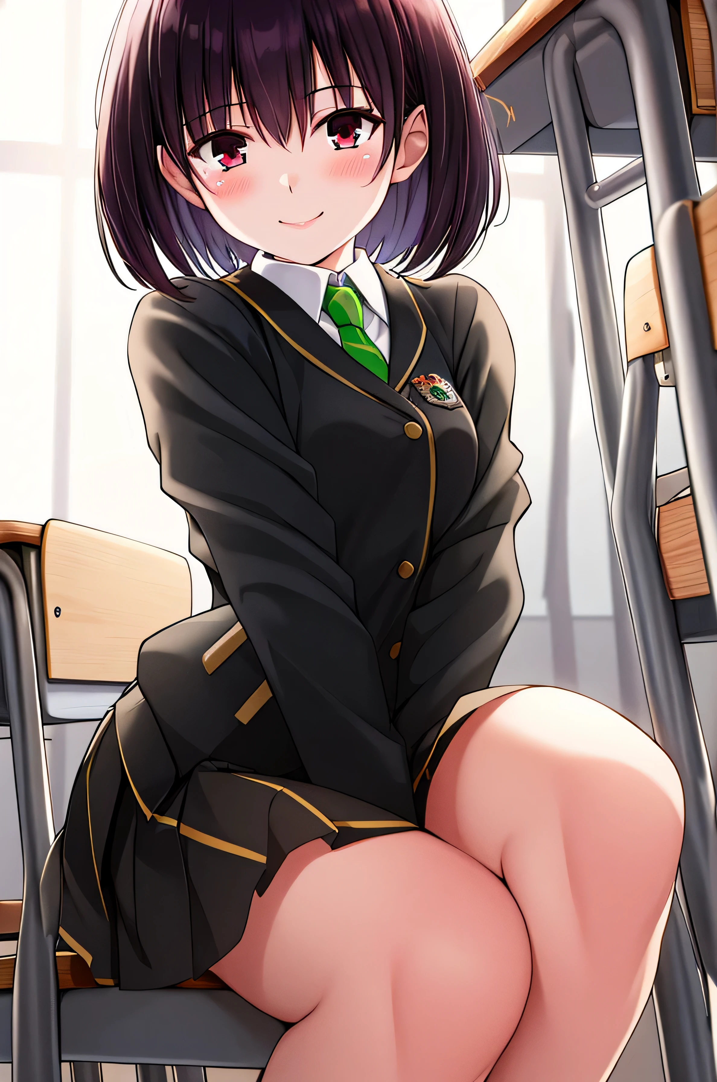 masterpiece, best quality, Disorganized, perfect anatomy, 1 girl, alone, canadian tears, short hair, hairpin, uniform, black skirt, black jacket, formal shirt, green tie, classroom, Smile, 