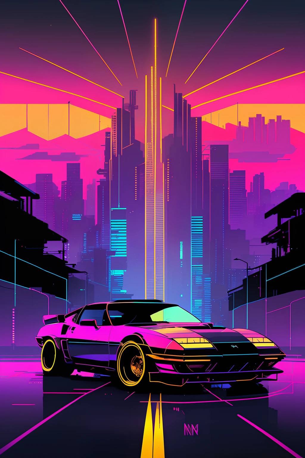 (nvinkpunk:1.2) (snthwve style:0.8) corvette, lightwave, sunset, intricate, highly detailed