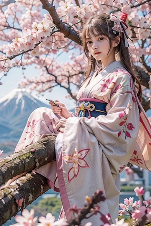 １girl、16 years old、shrine maiden&#39;s attire、climbing a cherry tree、sitting on a branch、anatomically correct、cherry blossom viewing、Hanabubuki、A Japanese shrine can be seen in the distance、dutch angle