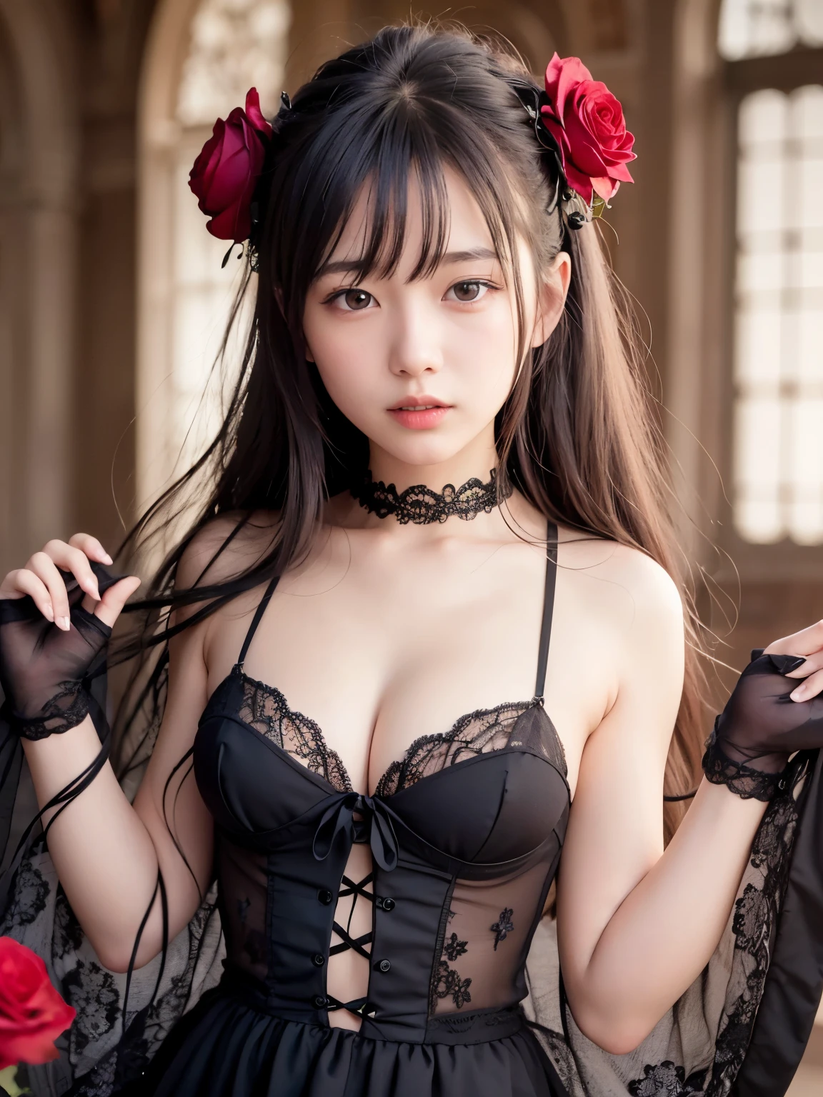 Navel exposed、1 Nogizaka girl、So cute、beautiful girl、、(gothic fashion)、A delicate and beautiful face, eyes, and skin、dense black hair、(small breasts)、(cleavage)、(open chest)、elegant frills、ruffle tie、ribbon tie、Rose Hair Accessories、(smile at the camera)、(cowboy shot)、(european castle)、professional writing、BREAK、(real、photorealistic:1.37)、8k、(masterpiece)、(highest quality:1.4)、(ultra high resolution:1.2)、(RAW photo:1.2)、(delicate lace、soft fabric、Beautiful rose pattern dress)、perfect anatomy、4 fingers and 1 thumb、super detailed background、(unity 8k wallpaper)