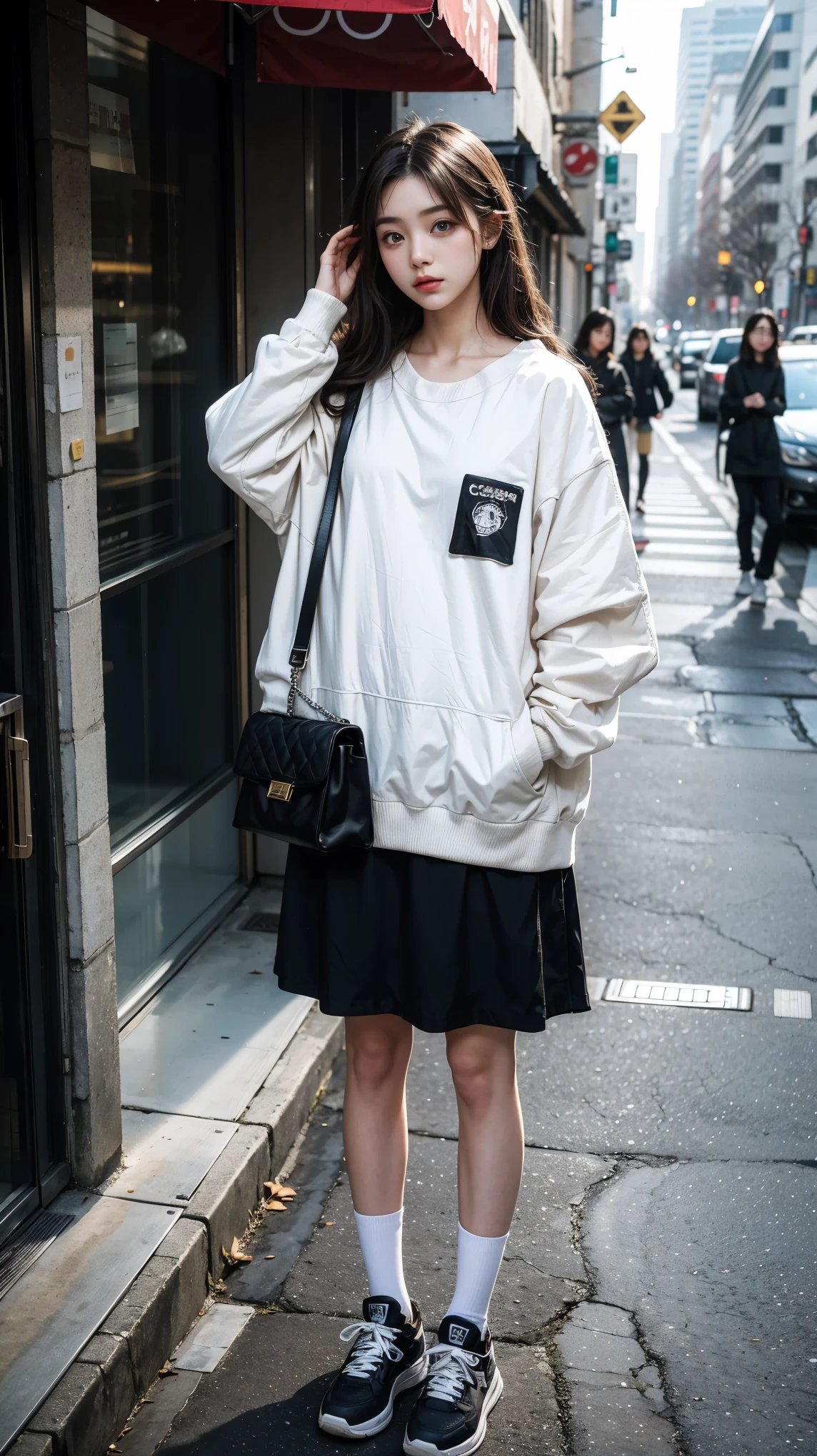 there is a woman that is standing on the sidewalk with her hand on her head, shot on canon eos r5, shot on canon eos r 5, she is wearing streetwear, lofi portrait, taken with canon eos 5 d mark iv, mid shot portrait, portrait of a japanese teen, portrait of female korean idol, anime style mixed with fujifilm