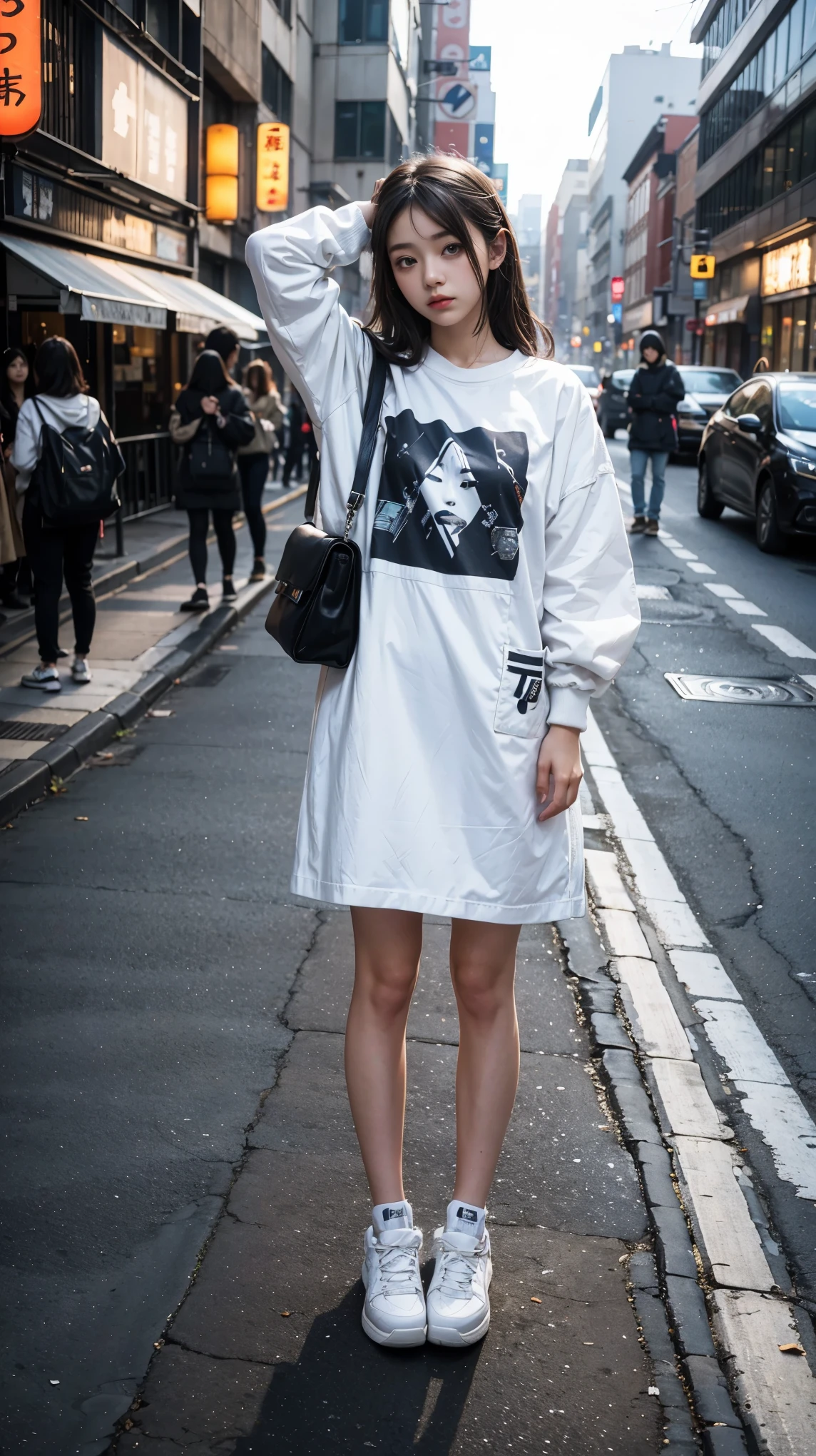 there is a woman that is standing on the sidewalk with her hand on her head, shot on canon eos r5, shot on canon eos r 5, she is wearing streetwear, lofi portrait, taken with canon eos 5 d mark iv, mid shot portrait, portrait of a japanese teen, portrait of female korean idol, anime style mixed with fujifilm