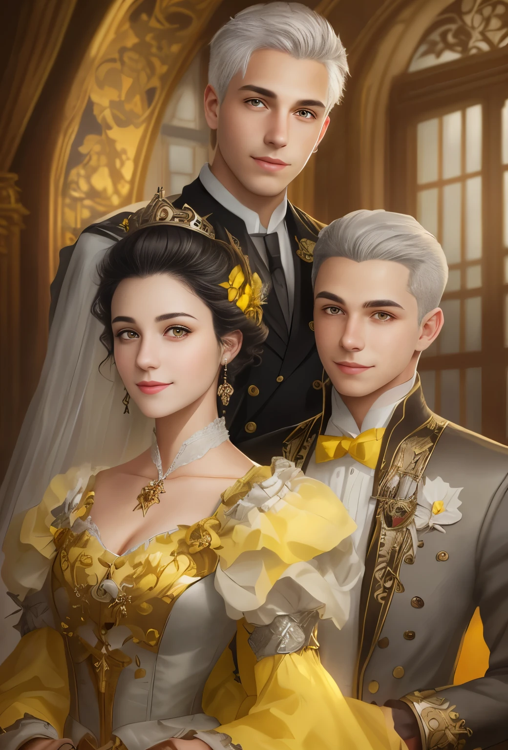 High resolution, portrait, boy and girl with dark hair, 28 years old, light gray hair, short haircut, yellow eyes, smile, crown, portrait, ballroom in the background, realism, fantasy
