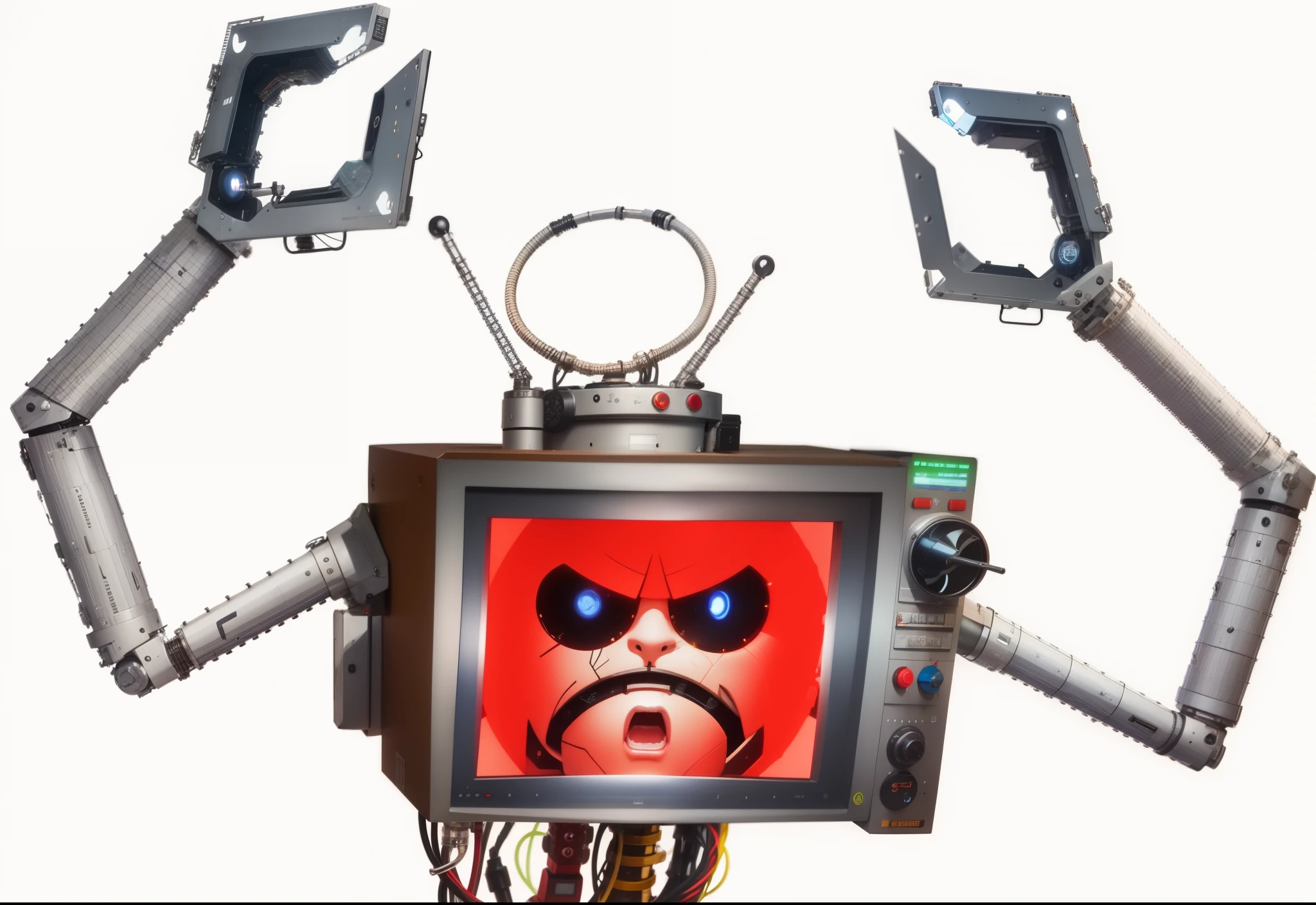 A robot with a TV for a head displays an angry face on its screen. The robot has a grey body and arms and is located in a room with striped walls,a close up of a television with a face emoji on it, evil nanobot, evil robot, it is visibly angry emoji at the tv, television head, crt screen, television, hackrobat!!!, ((robot)), eboy, angry 8 k, depraved cybernetic angry emoji, with metal sticks antenna, circle antenna, robotic arms with pincers, multi-colored wires hanging below, ((no humans))