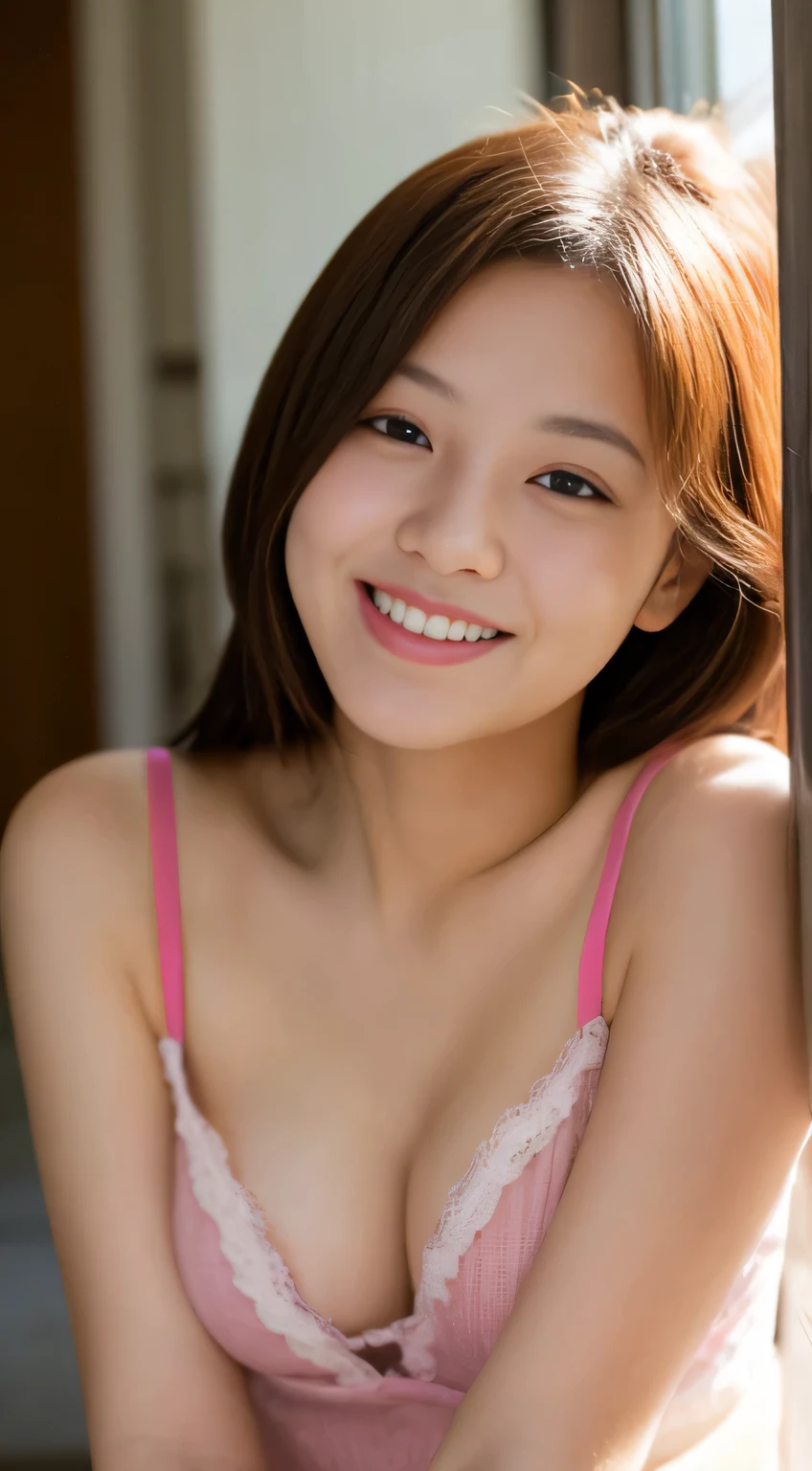 Japanese ),((beautiful girl)),cleavage,An expression that imagines something pleasant:1.2,(perfect body beauty:1.2),((perfect body)),(shy smile),beautiful teeth,