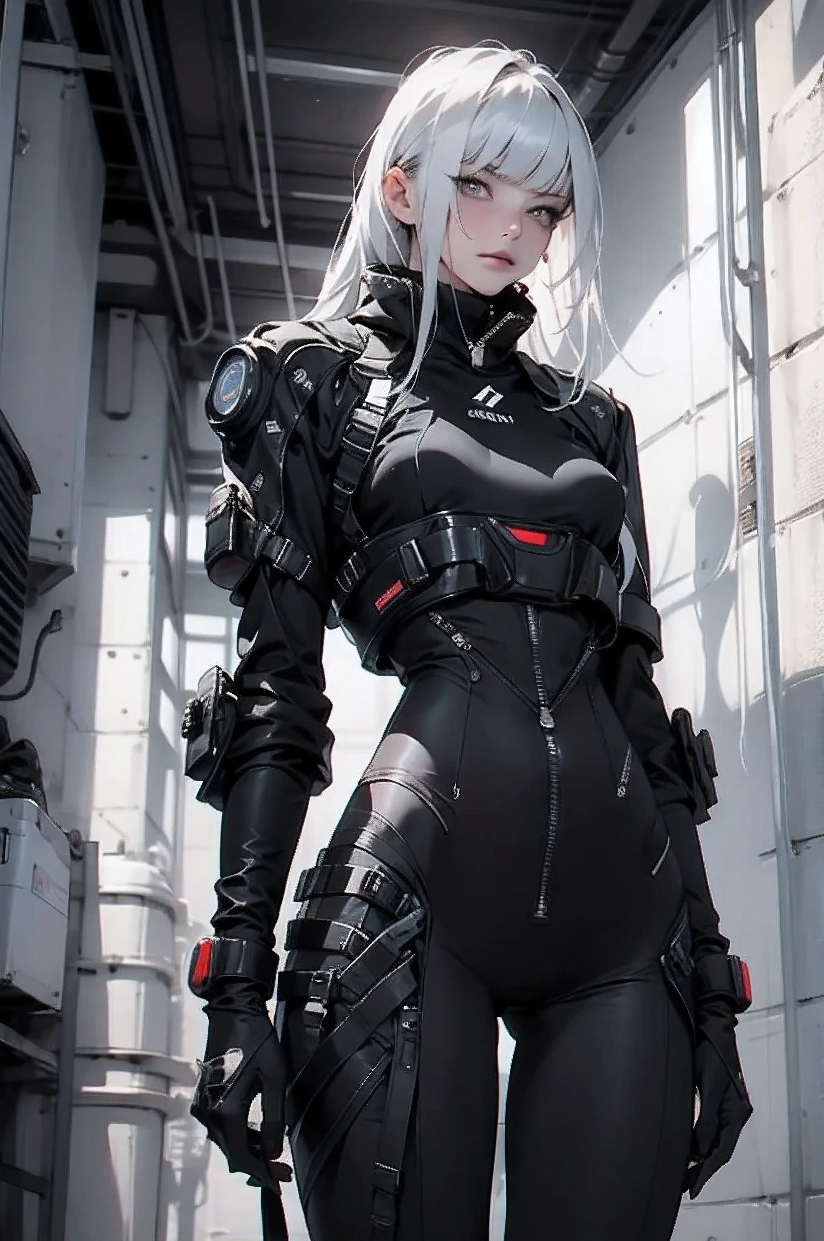 Bewitching and enchanting beauty that emerges from the inorganic, futuristic acrylic paint. The main target audience is intelligence officers., black bodysuit (On the way to wear), Emphasize the bewitching breasts and buttocks. meticulously detailed, very realistic paintings、With hints of an intense chase scene、Evoking a futuristic landscape inspired by cyberpunk。. A beautiful woman&#39;s eyes seem to be staring into the distance., Shining with the light of another world, And the exposed skin of the upper body has a supernatural luster.. Sharpness of each pixel, richness of color, The fusion of beauty and intensity captivates the viewer., The result is a masterpiece that looks like a scene from a movie..