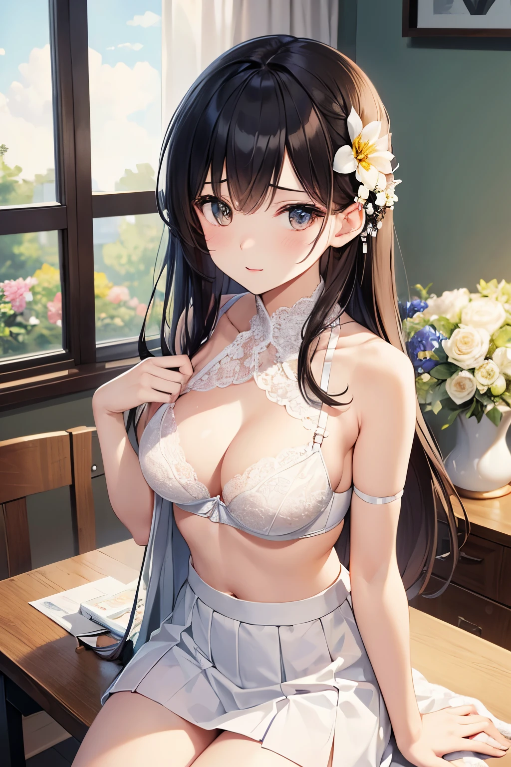 ((highest quality)),(ultra high resolution),(Super detailed),(detailed description),((best CG)),(best work of art),super precision art,great drawing art,(Art with precise details:1.5), Portrait:1.6,bust shot:1.4,(1 woman:1.5),beautiful and well-shaped face:1.5,(white lace bra with flowers on the chest:1.5)、 Japanese、girl,Slender、small face、brown eyes、tall、 highres,black hair、long hair、classroom、white long skirt、、Sitting at a desk、Mature