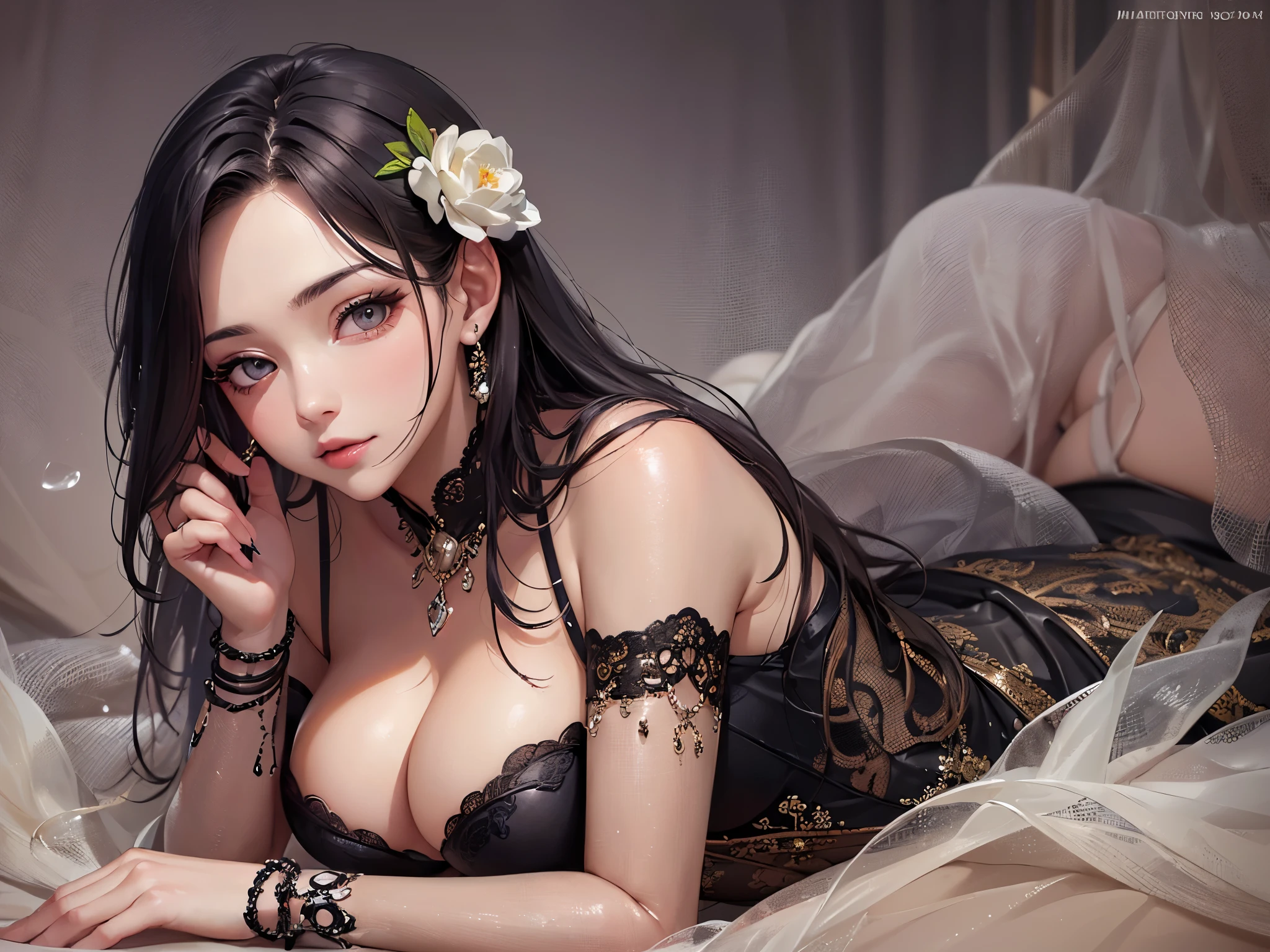 ((highest quality)),(ultra high resolution),(Super detailed),(detailed description),((best CG)),(best work of art),super precision art,amazing drawing art,(Art with precise details:1.5), (adult women:1.7),(beautiful and well-shaped face:1.5), She is wearing lingerie and is lying on a luxurious bed inviting you.。