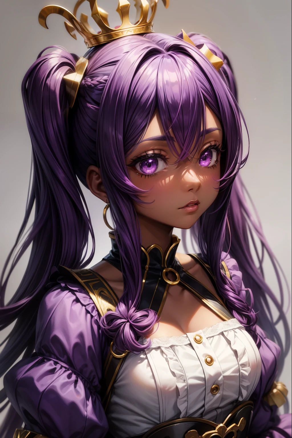 young woman, Dark skin color, pigtails, purple hair, Pink highlight in her hair, Purple eyes, dark purple corset, gold accessories, crown on her head, small breast