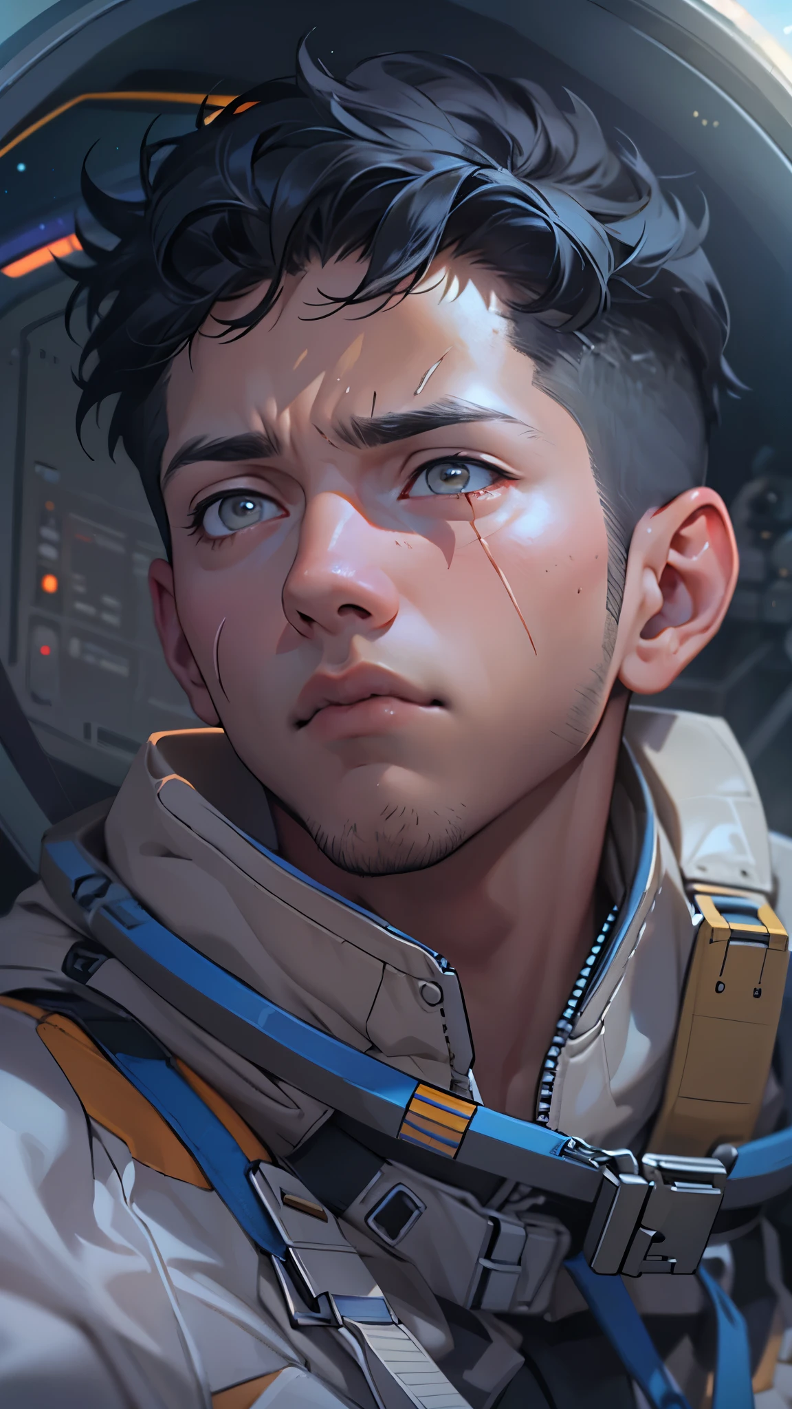 (perfect anatomy, masterpiece:1.2, best quality, 8k, beautiful detailed grow, daydreaming expression, scar:1.2 on cheek), (Inside the spaceship, zero gravity space), float (solo very-short hair black hair boy, 18yo, athletic body, white eyes, serious face), in a pilot suit.