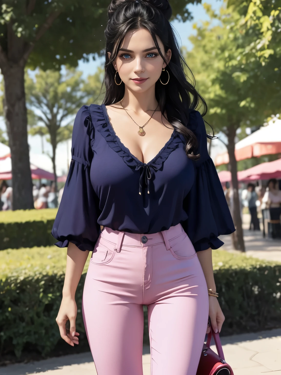 Caucasian woman, blue-black hair, wavy hair, long hair, bun hair, blue eyes, lined eyes, (focus on blue eyes), red lipstick, smile, athletic body, medium breasts, nipples, sleeved blouse, low-cut blouse, (((pink blouse))), Tight pants, ((red pants)), legs, earrings, necklace, in an amusement park, frontal shot.