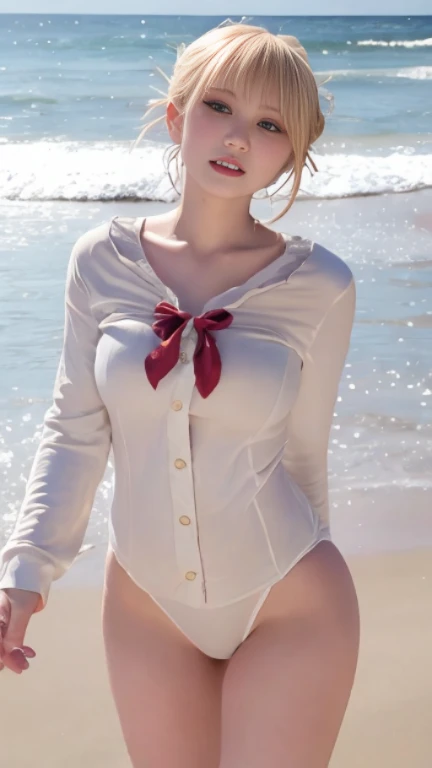Gravure idol nipples are visible through clothes,beach,masterpiece,blonde,19 years old,woman