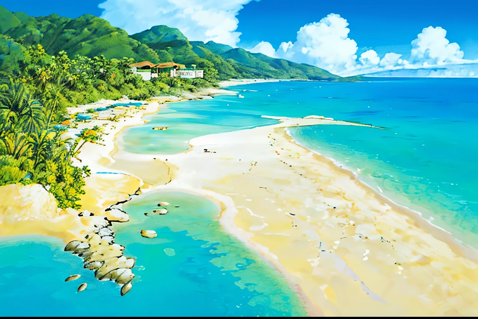 (((highest quality))), high color saturation, clear, reasonable structure, cartoon style, architecture, beach, boat, hut, Palm tree, sand, Ocean, Oceangull, null, sunny day, fantasy, no_human, outdoors, landscape, genuine, beautiful and amazing landscape oil painting Ghibli Studio Miyazaki’s tropical island with blue Ocean and null, tropical island, coconut --v6