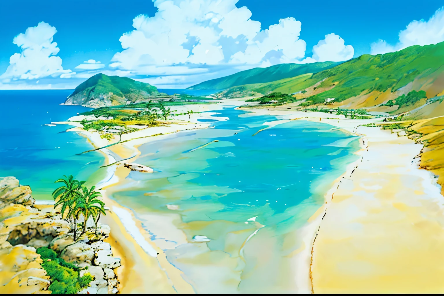 (((highest quality))), high color saturation, clear, reasonable structure, cartoon style, architecture, beach, boat, hut, Palm tree, sand, Ocean, Oceangull, null, sunny day, fantasy, no_human, outdoors, landscape, genuine, beautiful and amazing landscape oil painting Ghibli Studio Miyazaki’s tropical island with blue Ocean and null, tropical island, coconut --v6