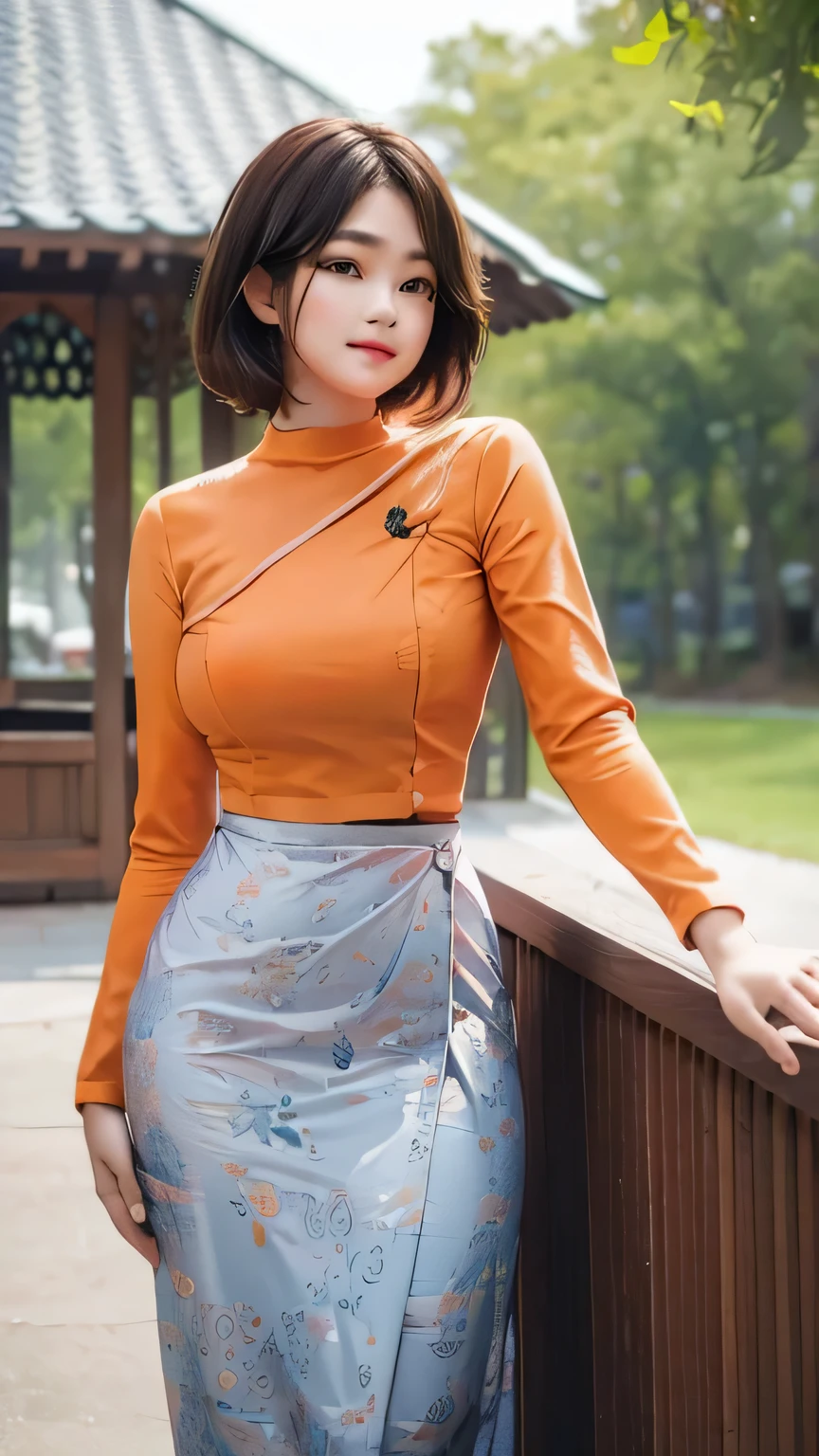 top quality, masterpiece, ultra high resolution, photorealistic, 1 girl, soft lighting, detailed, skin, bangs, short bob black hair, clear eyes, lip gloss, Burmese girl. full HD, (acmm ls outfit, wearing acmm top, orange acmm top, long sleeves, wearing acmm long skirt, dark blue acmm long skirt, printed skirt), green plant and flowers background.