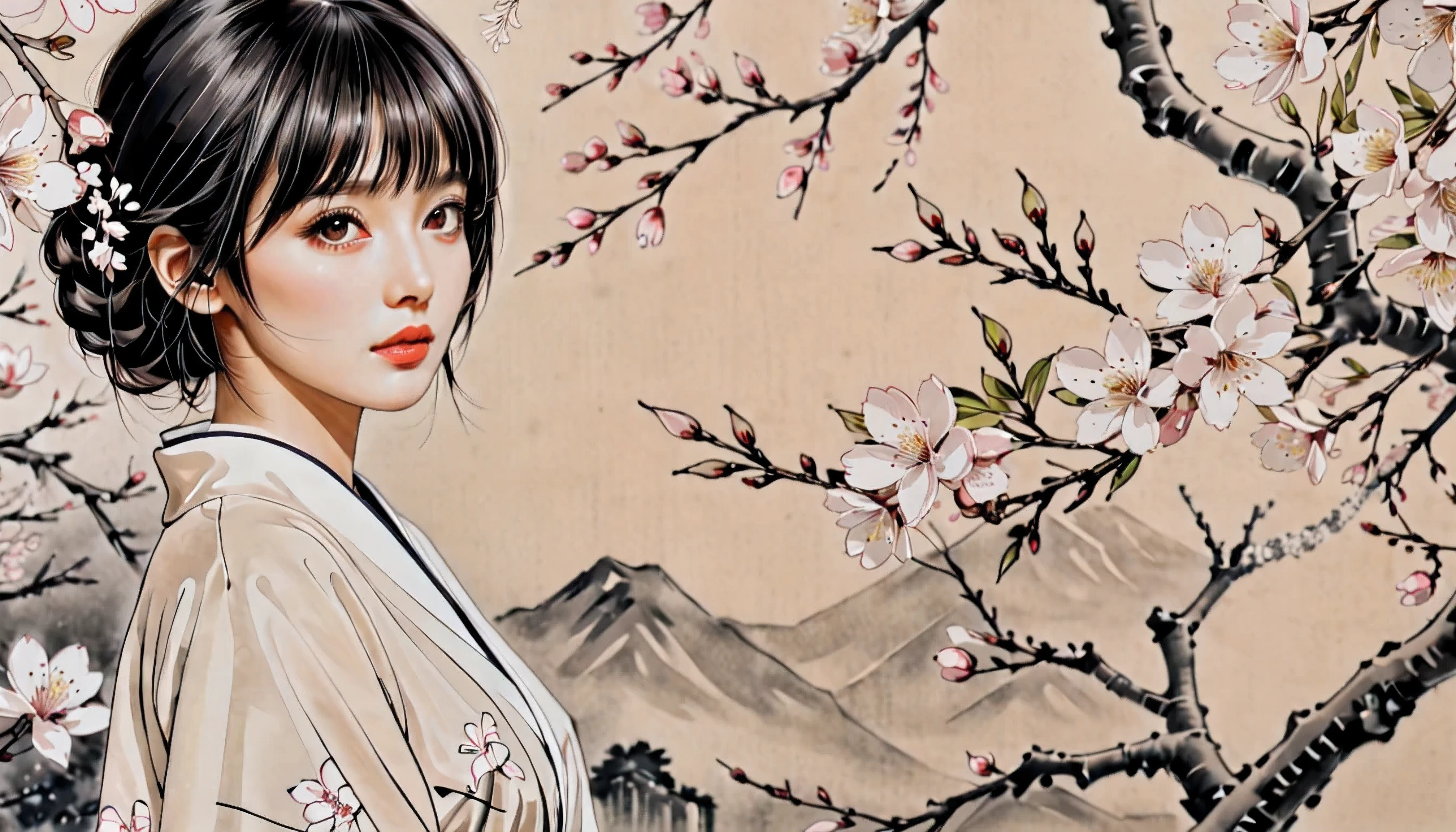 ((Close Up):1.2), Outline with black ink, smooth lines; Express expressions and postures through ink contrast, The background is a sakura garden. emphasize light, shadow and space. Drawing of Supermodel Japanese Beauty. Black hair, (messy bangs hairstyle), ((fresh)), golden ratio face, perfect face, (attractive body), (fashion model body), wearing maiden robe, fine art piece, figurative art, Dress neatly. sexy painting, Wallop | (best quality, 4K, 8k, high resolution,masterpiece:1.2), Super detailed,(actual, photoactual, photo-actual:1.37).