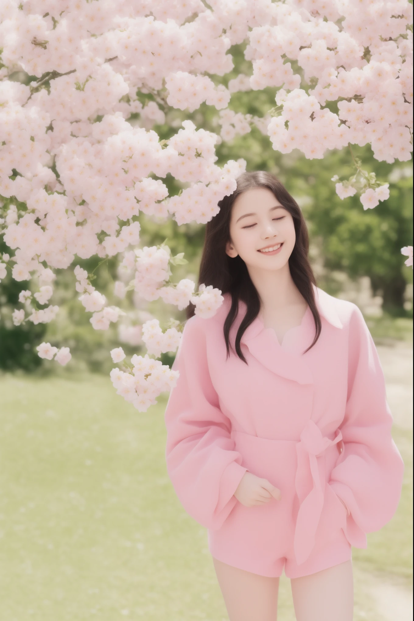 A dreamy scene filled with pink cherry blossoms, where a young girl stands beneath the blooming trees, her face radiant with the joy of spring's beauty. The girl is dressed in a pink outfit that blends harmoniously with the surrounding blossoms. The image should convey a gentle and ethereal atmosphere, capturing the essence of youthful dreams and the magic of cherry blossom season.