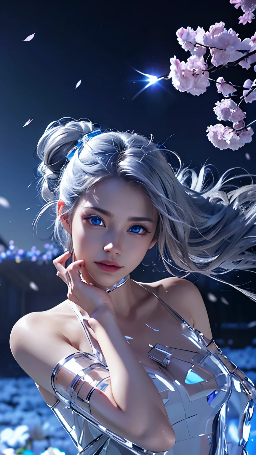 (logo, masterpiece, 8k, table top, RAW photo, wonderful, 最high quality, Photorealistic and hvery detailed CG integrated 8k wallpaper, high quality, very detailed, Narrative poem, particle effects, dynamic effects, written boundary depth, cinematic light, Lens flare, ray tracing, cloud,colorful)), fantasy, ((1 beautiful woman, clear blue eyes, long silver hair, beautiful face, real face, beautiful detailed eyes, beautiful skin, woman dancing gracefully:1.7, woman dancing gracefully:1.7)), 長い髪がWindでなびく, long hair bounces, 長い髪がWindで踊る, hair jump, halter neck, leather pants, leather jacket, body suit, silver earrings, ((night, Wind, darkness, moon light, full moon, night空, Wind, cherry blossoms, cherry blossomsの花びらが舞っている, cherry blossoms吹雪, falling petals, flying petals))