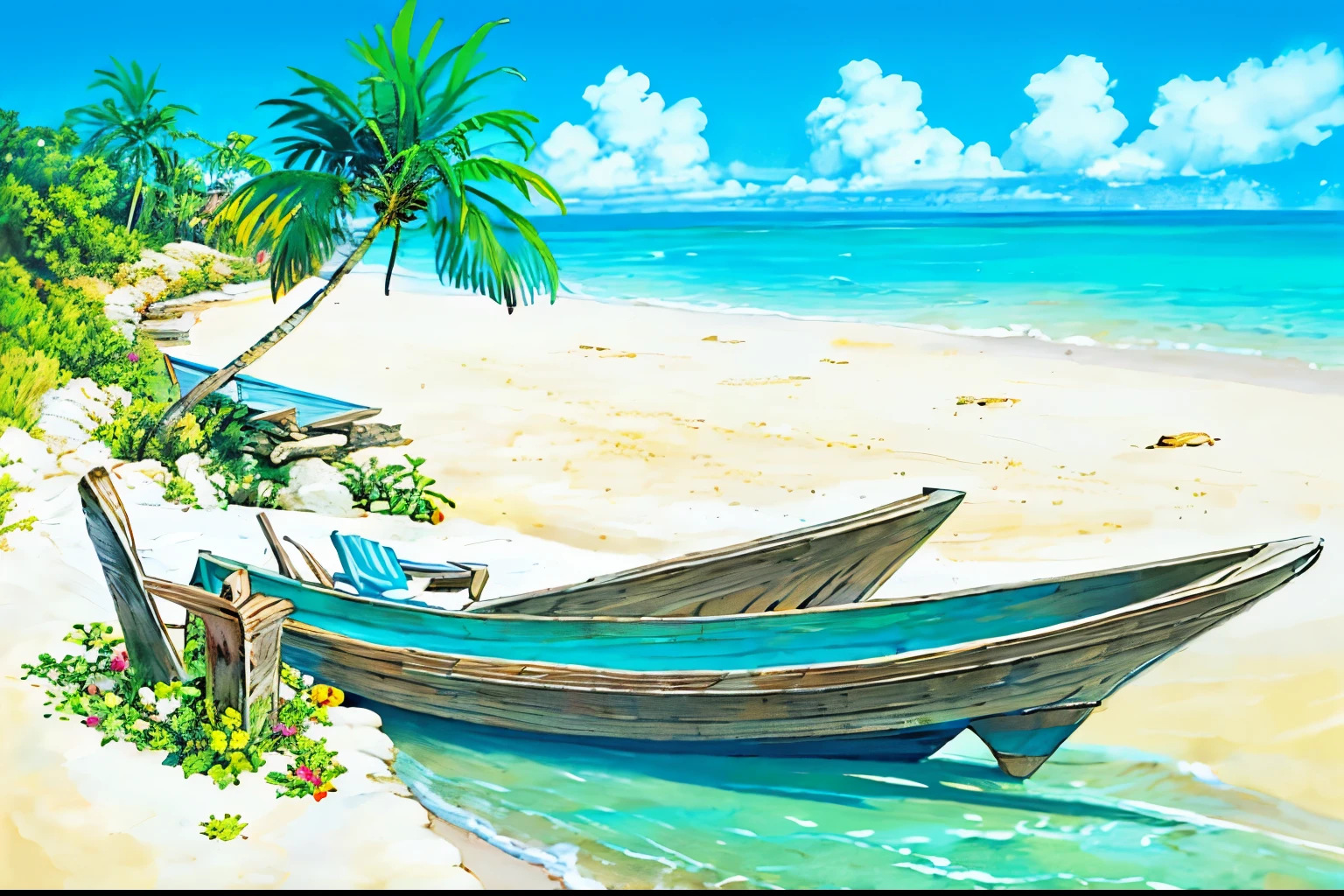 (((highest quality))), high color saturation, clear, reasonable structure, cartoon style, architecture, beach, boat, hut, Palm tree, sand, Ocean, Oceangull, null, sunny day, fantasy, no_human, outdoors, landscape, genuine, beautiful and amazing landscape oil painting Ghibli Studio Miyazaki’s tropical island with blue Ocean and null, tropical island, coconut --v6