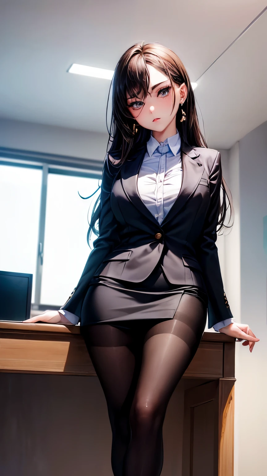 (Masterpiece), ((Best quality)), (Masterpiece,Best quality,offcial art,Extremely detailed Cg Unity 8K wallpaper), (the most Noble and beautiful), (Highly educated woman),Beauty photo, A lady，solo,(Elegant upper-class super elite secretary in a business shirt),Perfect look，Double eyelid eyes，Delicate makeup， working in an office,wearing a strict business suit, (Wear pantyhose),Wear high-end heels,Girl in shirt, dressed in a suit, huge tit,full bodyesbian,dressed in a suit, dressed in a suit, merchant, Business clothes, wearing black suits, Wear a shirt and skirt, Woman in a suit, Business attire，Computer chair，Seated，Erlang legs，high-heels，view the viewer，brightly，Complicated details，foot focus,from below,cool beauty,(tall girl),Dark brown hair, Small piercings,Precisely expresses details such as face and skin texture,(the most beautiful face and eye), double eyelid,delicate skin,slender body shape,alone,medium breasts,(Wearing the most beautiful and noble small earrings), (Visible to the viewer at the bottom:1.9), (Contemptuous gaze:1.6),nsfw