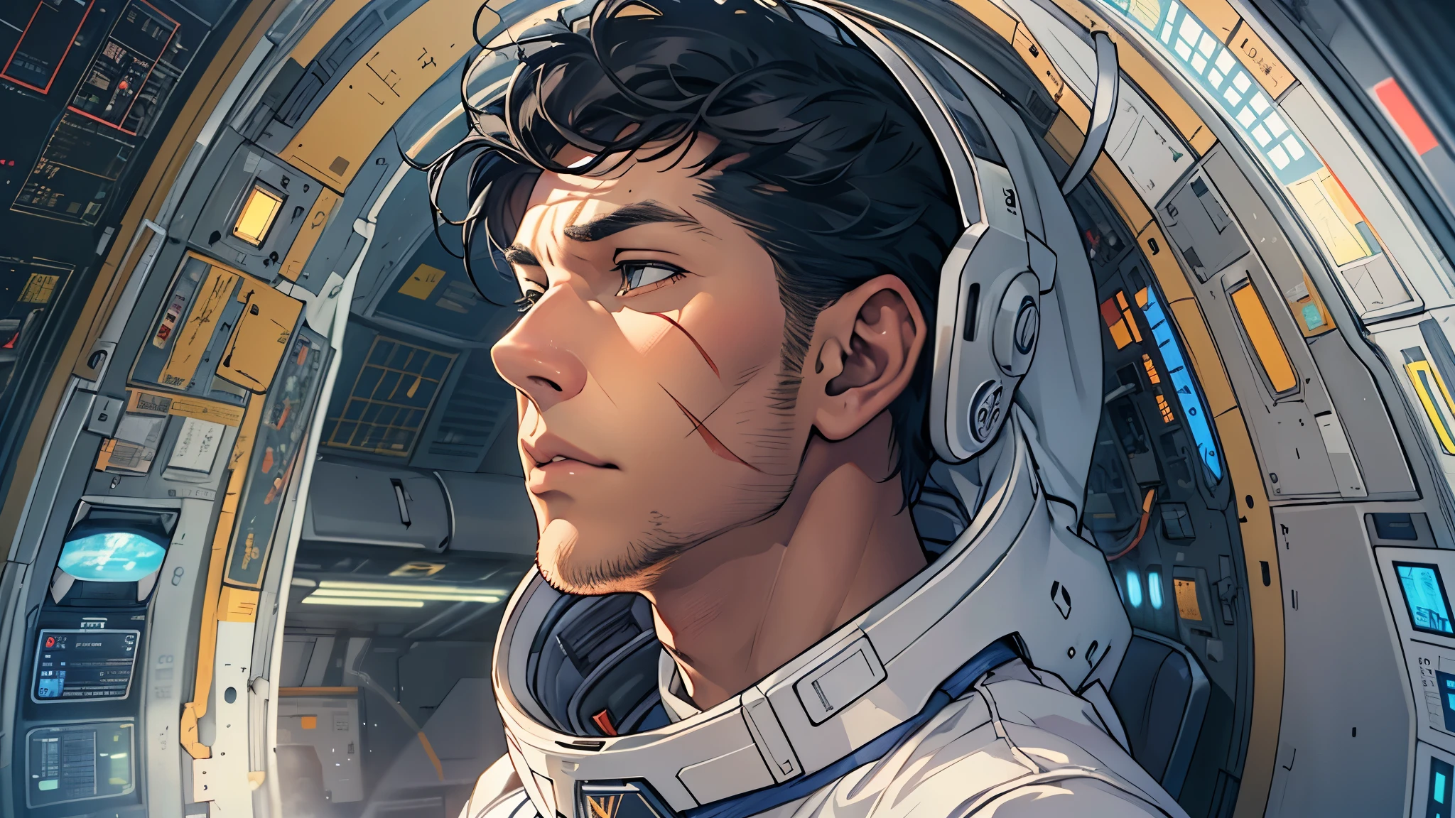 (perfect anatomy, masterpiece:1.2, best quality, 8k, beautiful detailed grow, daydreaming expression, scar:1.2 on cheek), (Inside the spaceship, zero gravity space), float (solo very-short hair black hair boy, 18yo, athletic body, white eyes, serious face), in a pilot suit.