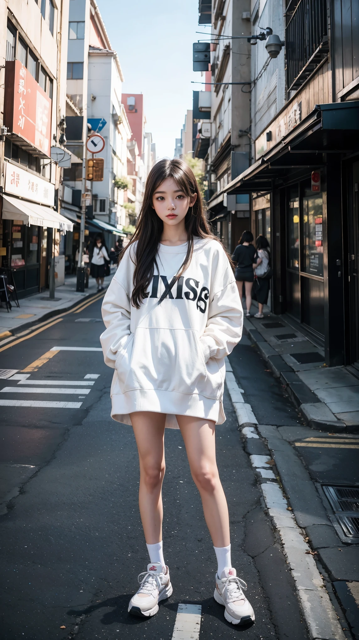 there is a woman that is standing on the sidewalk with her calm poses, shot on canon eos r5, shot on canon eos r 5, she is wearing streetwear, lofi portrait, taken with canon eos 5 d mark iv, mid shot portrait, portrait of a japanese teen, portrait of female korean idol, anime style mixed with fujifilm