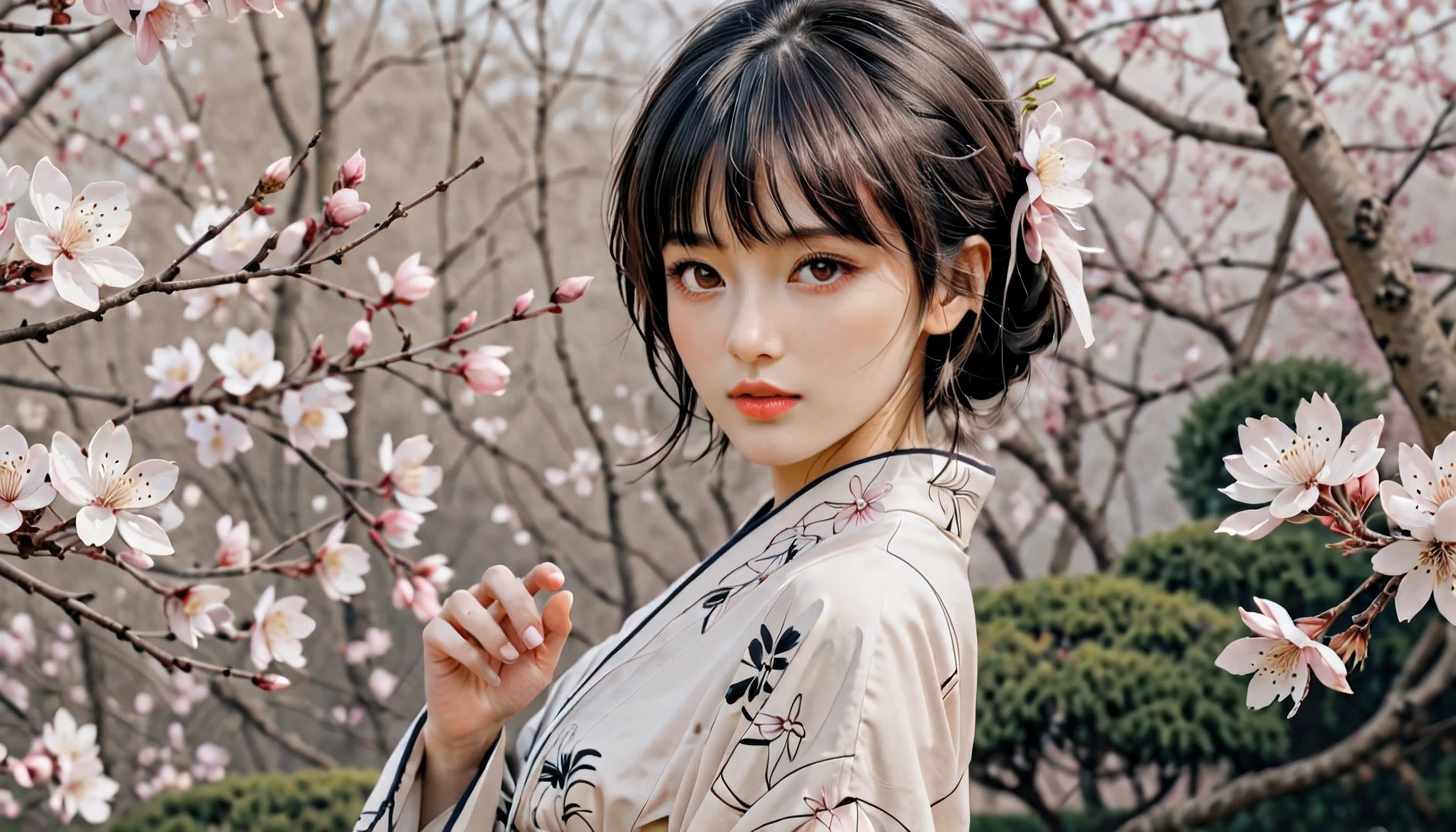 ((Close Up):1.2), Outline with black ink, smooth lines; Express expressions and postures through ink contrast, The background is a sakura garden. emphasize light, shadow and space. Drawing of Supermodel Japanese Beauty. Black hair, (messy bangs hairstyle), ((fresh)), golden ratio face, perfect face, (attractive body), (fashion model body), wearing maiden robe, fine art piece, figurative art, Dress neatly. sexy painting, Wallop | (best quality, 4K, 8k, high resolution,masterpiece:1.2), Super detailed,(actual, photoactual, photo-actual:1.37).