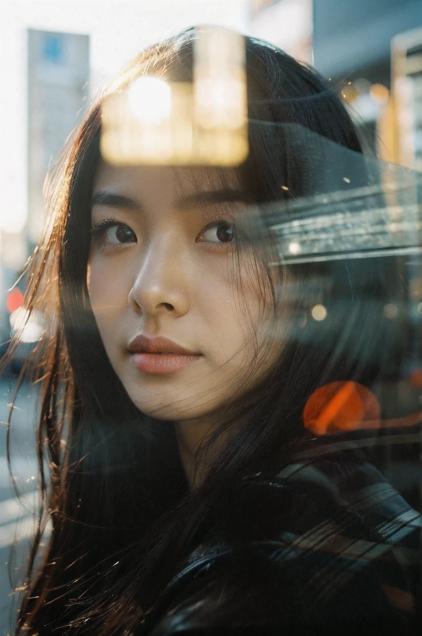 Street photography of a beautiful Japanese woman in Tokyo, She has long black hair., Eager eyes looking at the camera, Field department, Department of Fisheries, film photography, kodak film, Point 160, get the movie, Beautiful, flawless skin, reflection, golden hour, double exposure + Motion blurred image, --AR 2:3 -- in 6
