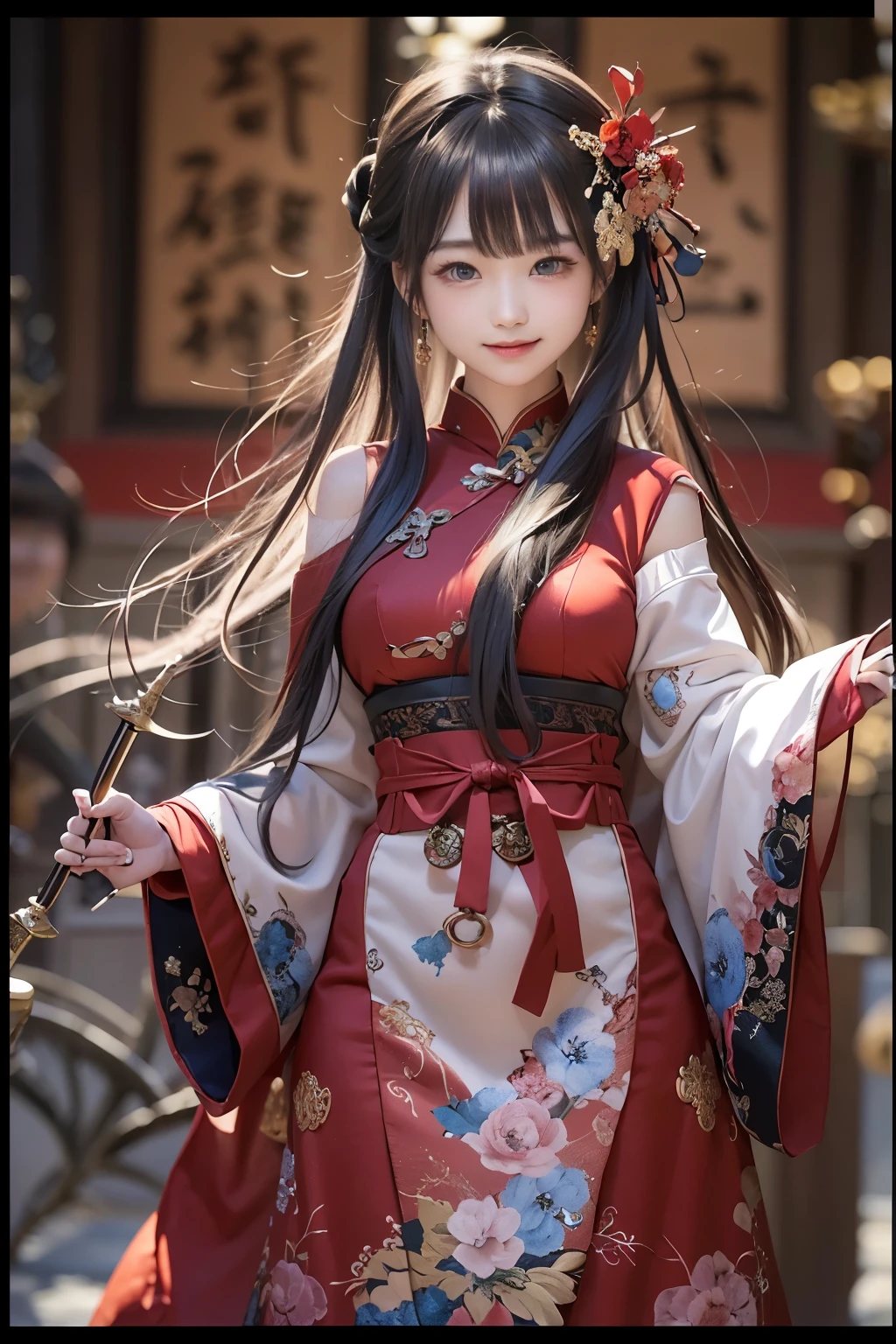 UHD、masterpiece、high quality、high detail、最high quality、High resolution、HD、16k、8k、4K、Award-winning BREAk、surrealism、realism、Depth of the bounds written、cinematic lighting、Backlight、symmetry、Bokeh、f/1.8 、eye level shot、35mm、hasselblad、very delicate and beautiful、very detailed、wonderful、fine detailasterpiece、最high quality、official art、disorganized、incredibly ridiculous、huge file size、Super detailed、High resolution、very detailed、beautiful details girl、(cowboy shot: 1.25)、break、hair behind the ear、happy tears、flowing tears、(serious smile: 1.35)、very detailed目と顔、beautiful detailed eyes、face light、Japanese 18 year old beauty、(Red Luxury Cheongsam) : 1.3)、(fantasy themed clothing: 1.3)、detailed clothes、(black long straight hairstyle: 1.2)、detailed hair、(slender: 1.15)、(huge breasts: 1.25)、perfect anatomy、perfect proportions、(ancient chinese room)background: 1.25)、詳細なbackground、(look at the audience、facing the viewer: 1.15)、(seductive model pose、spread your legs、lean forward、hand between legs、from below、Low - Angle: 1.25)、ancient chinese roomライト、Holding a sword、日本Holding a sword、samurai、samurai、