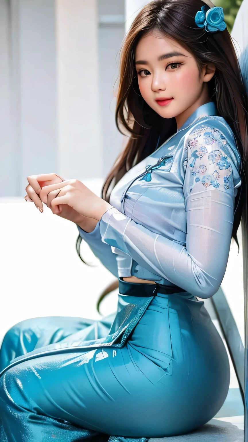 top quality, masterpiece, ultra high resolution, photorealistic, 1 girl, soft lighting, detailed, skin, bangs, short bob black hair, clear eyes, lip gloss, Burmese girl. full HD, (acmm ls outfit, wearing acmm top, white acmm top, long sleeves, wearing acmm long skirt, dark blue acmm long skirt, printed skirt).