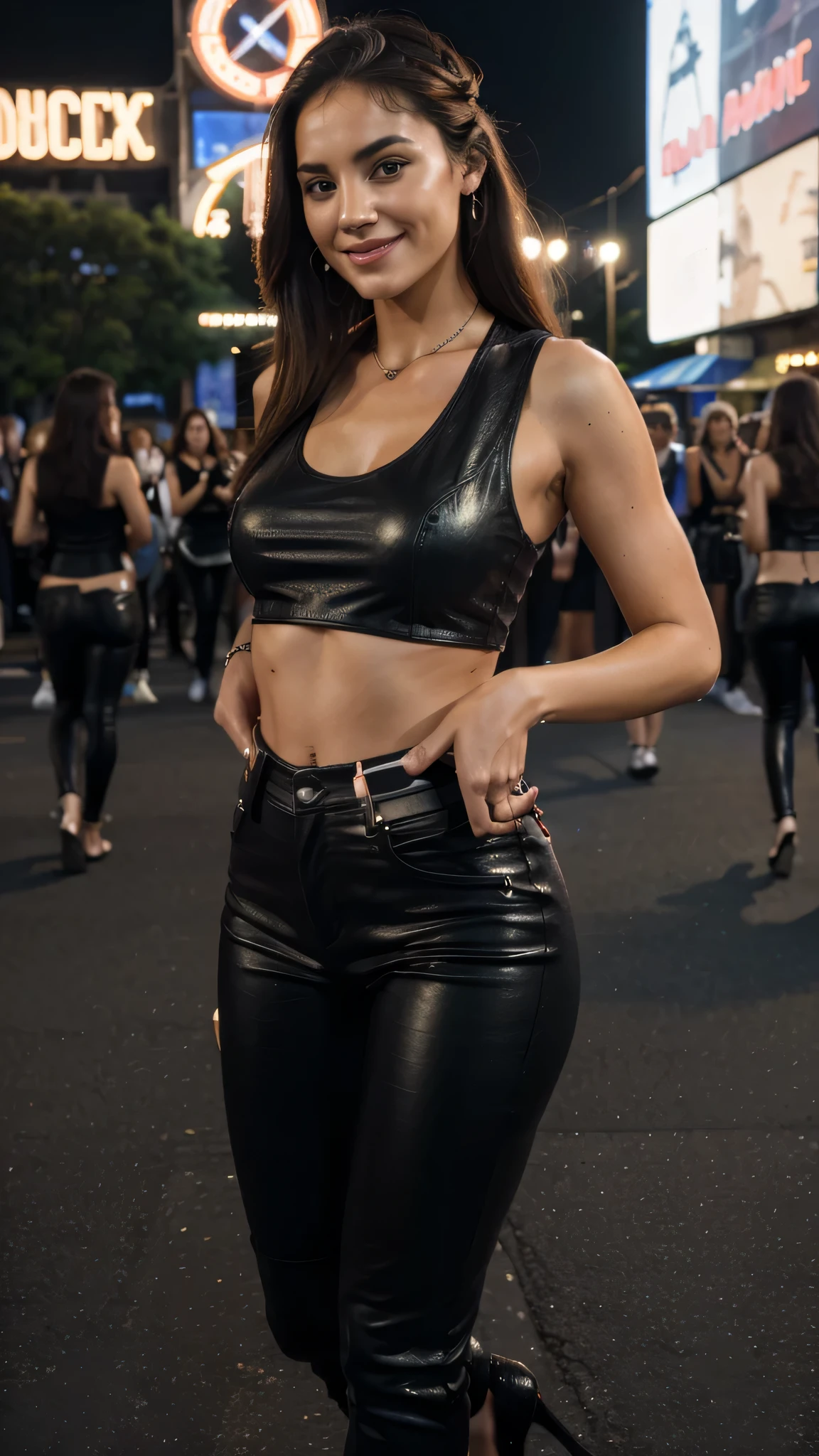 (best quality, highres, realistic, ultra-detailed, professional:1.2), pretty woman, attending a concert, smiling, sleeveless black leather crop top, black leather pants, high heels, ultra-detailed, vivid colors, distant shot