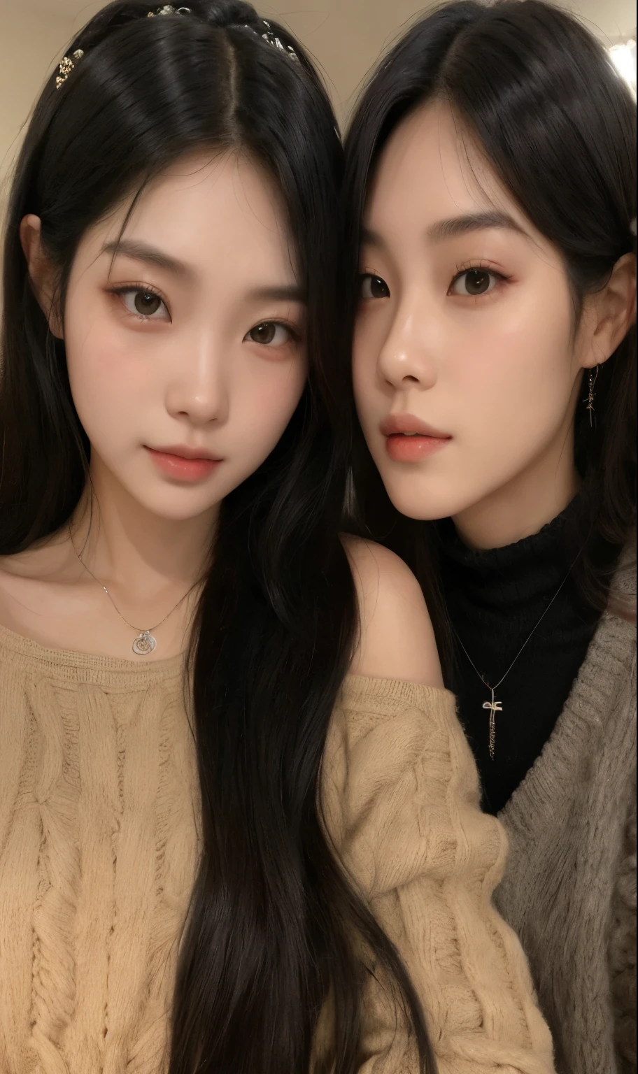 Two young women posing for a photo in a room., ulzzang, jinyoung shin, jaeyeon nam, rosa negro jennie, foto de perfil, con negro, Gongbi, xisionwu, rosa negro, kim taejin, con hiedra, hermosos gemelos geminis, jossi of rosa negro, yanjun chengt, nixeu y sakimichan, con un gemelo